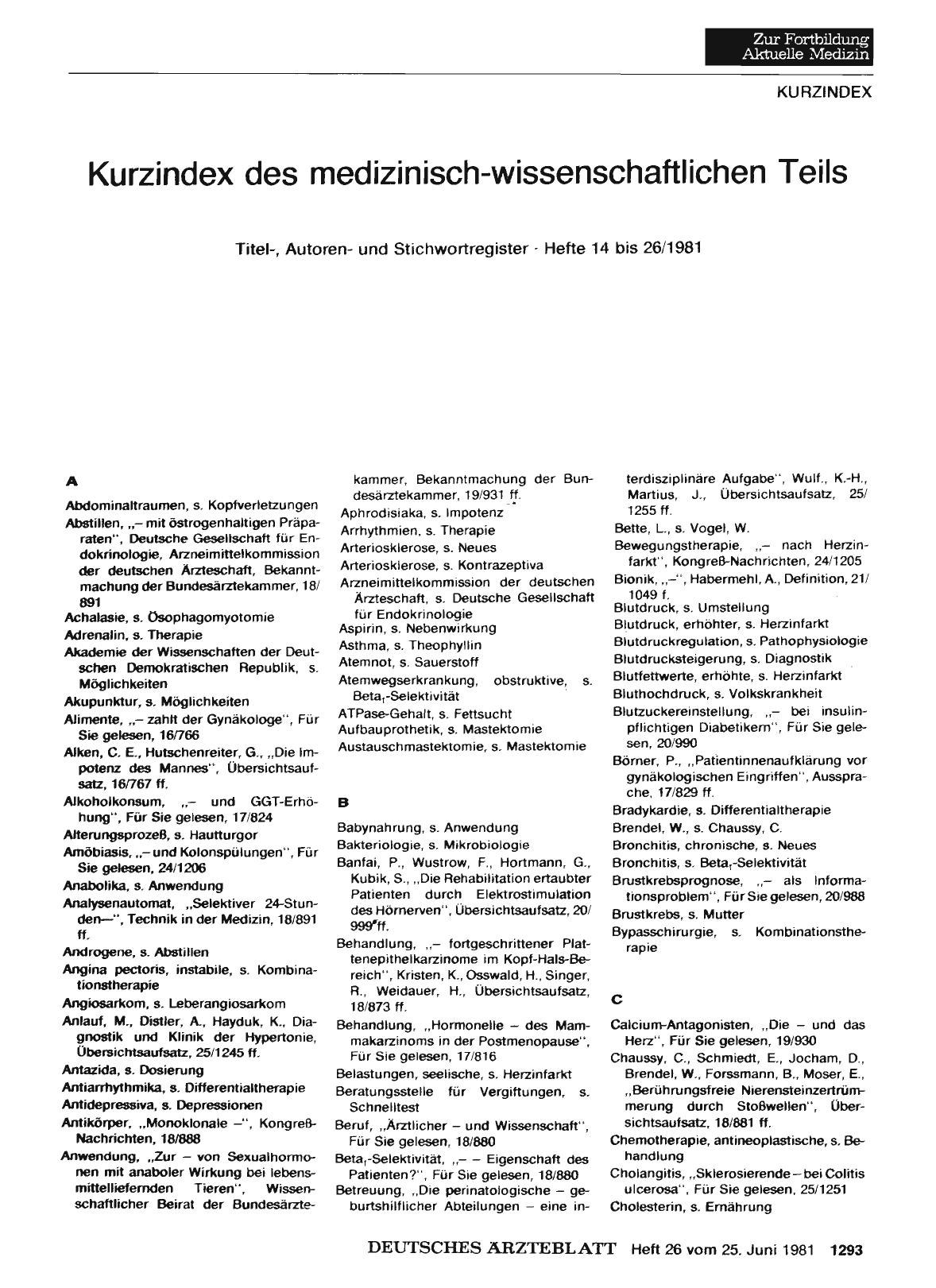 Vorschauseite 1: Kurzindex des medizinisch-wissenschaftlichen Teils
