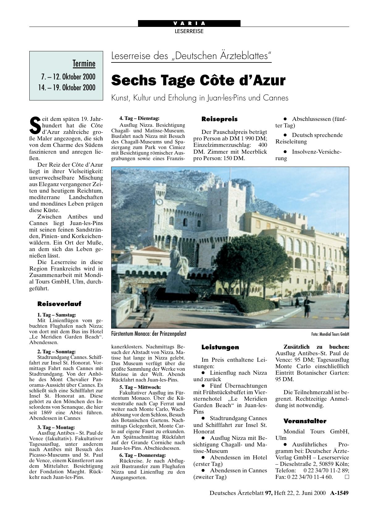 Vorschauseite 1: Leserreise des „Deutschen Ärzteblattes“: Sechs Tage Côte d’Azur