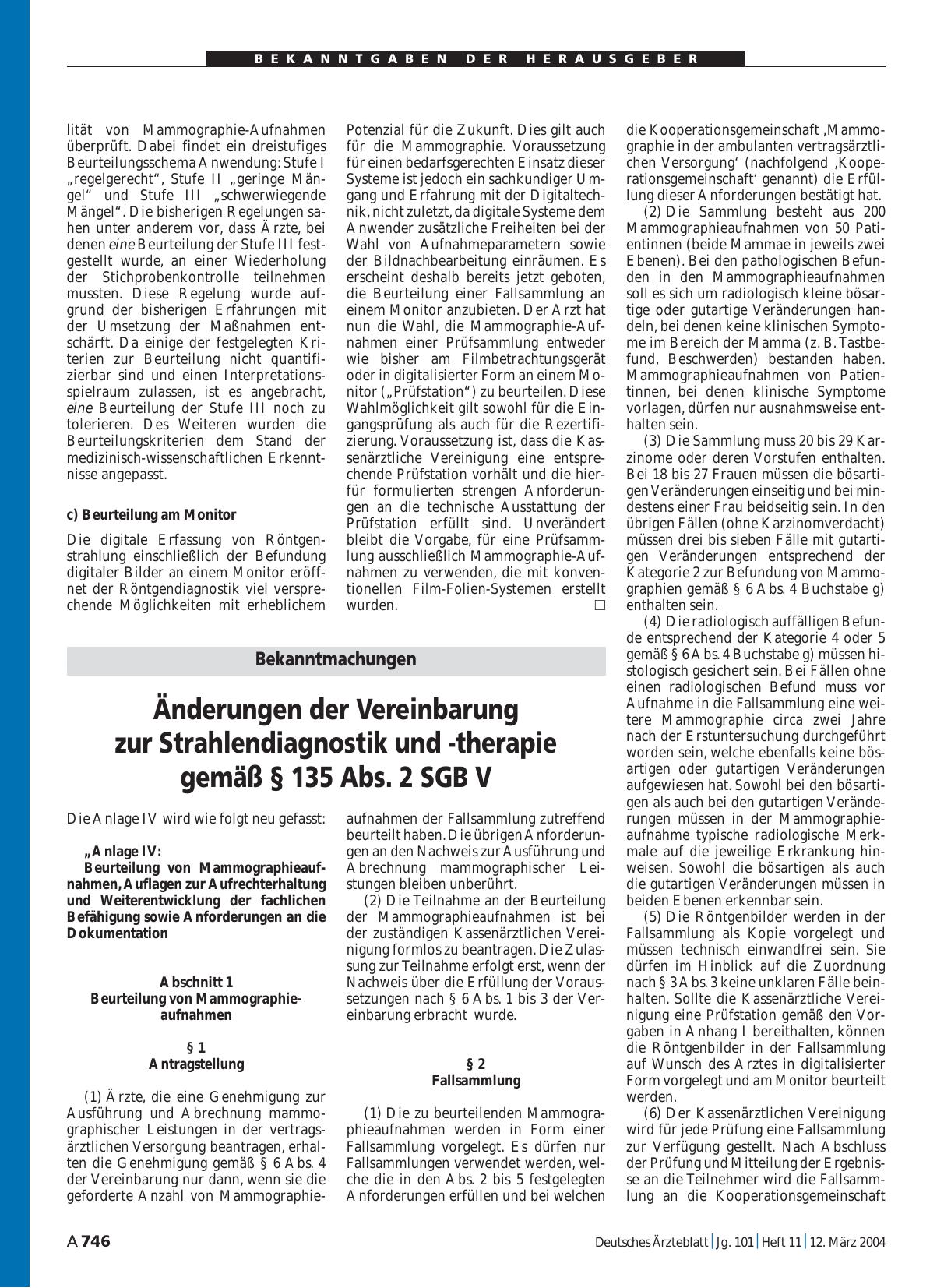 Vorschauseite 1: Bekanntmachungen: Änderungen der Vereinbarung zur Strahlendiagnostik und -therapie gemäß § 135 Abs. 2 SGB V