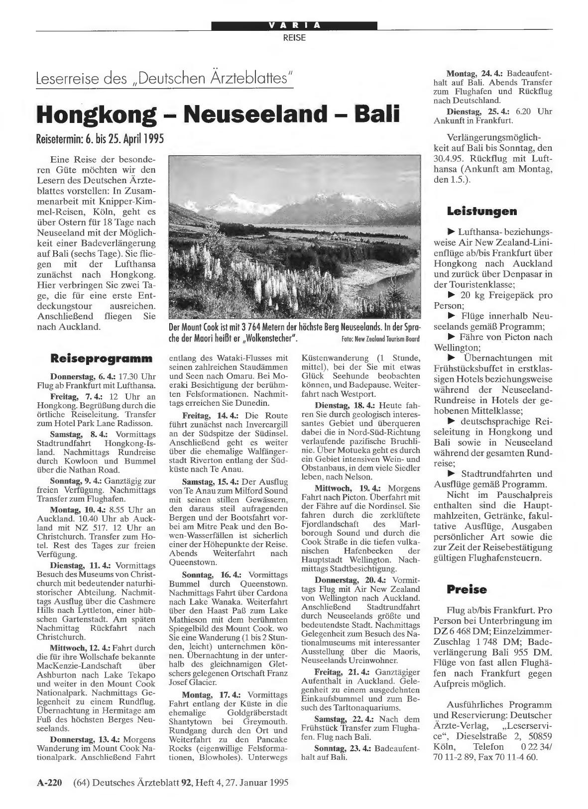 Vorschauseite 1: Leserreise des „Deutschen Ärzteblattes“: Hongkong - Neuseeland - Bali