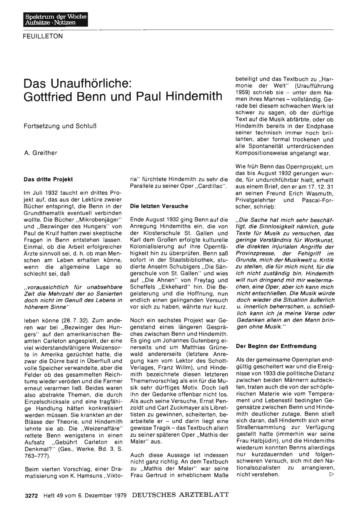Vorschauseite 1: Das Unaufhörliche: Gottfried Benn und Paul Hindemith - Fortsetzung und Schluß