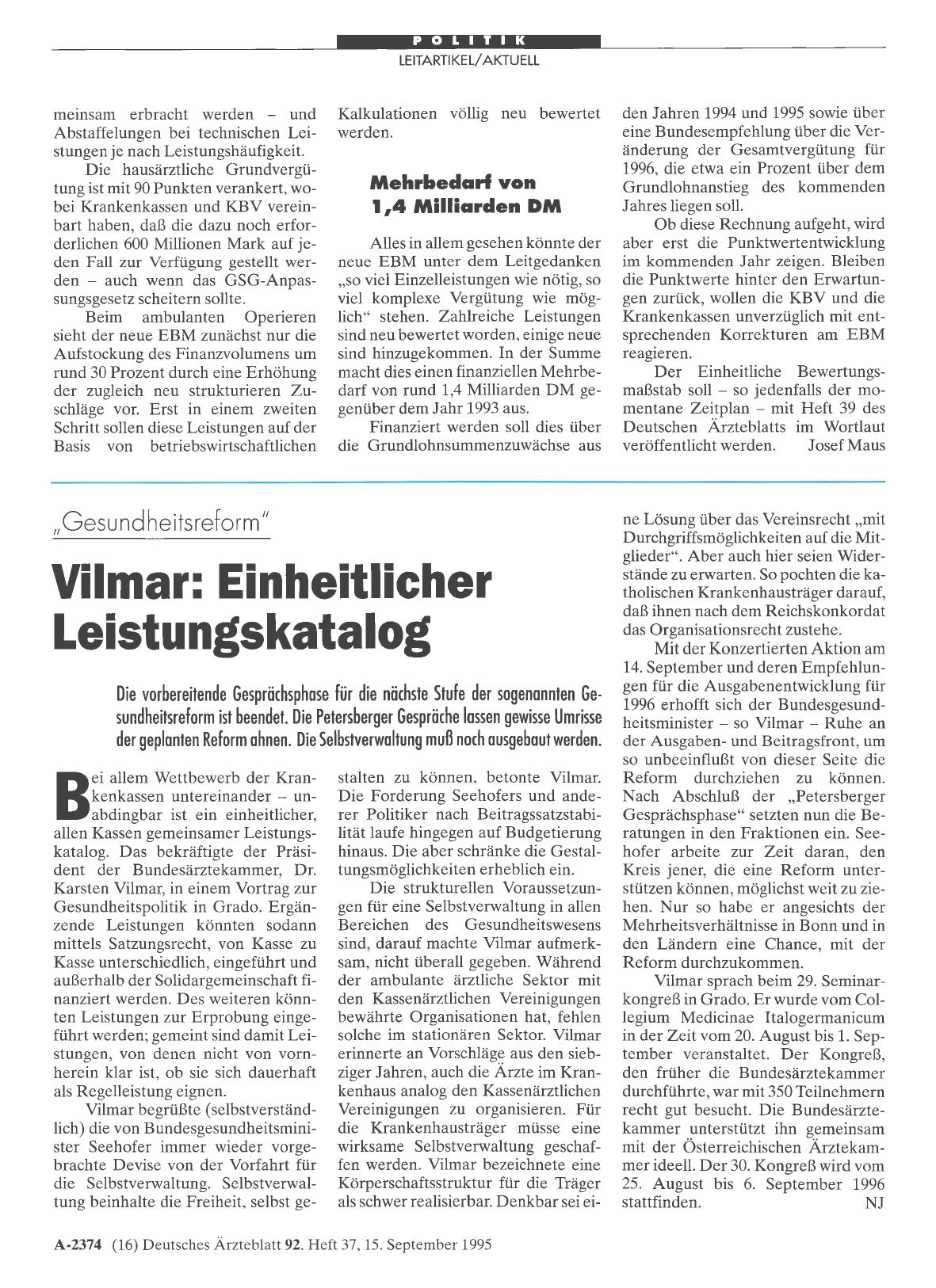 Vorschauseite 1: „Gesundheitsreform“: Vilmar: Einheitlicher Leistungskatalog