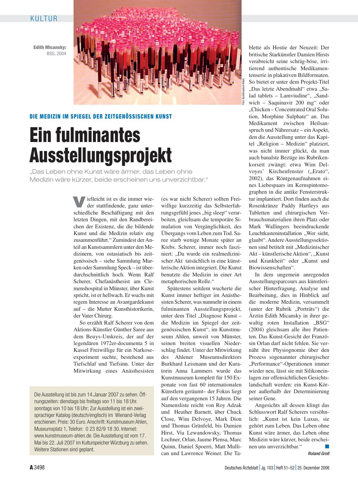 Vorschauseite 1: Die Medizin im Spiegel der zeitgenössischen Kunst: Ein fulminantes Ausstellungsprojekt