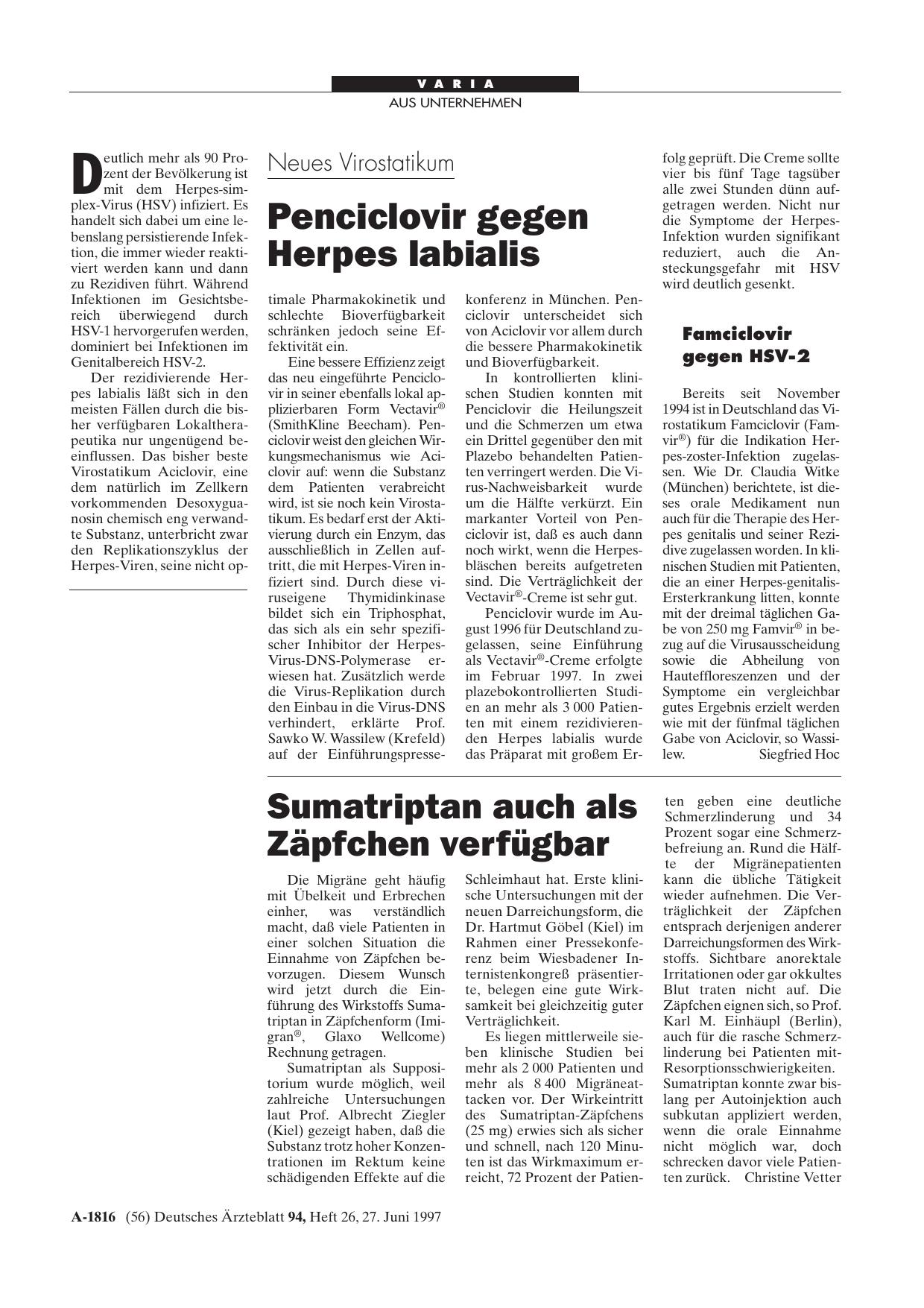 Vorschauseite 1: Neues Virostatikum: Penciclovir gegen Herpes labialis