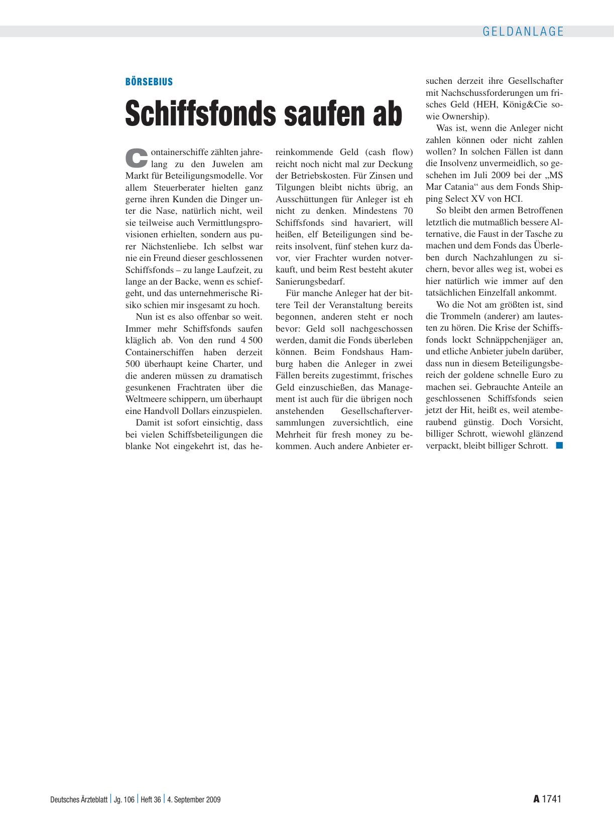 Vorschauseite 1: Börsebius: Schiffsfonds saufen ab