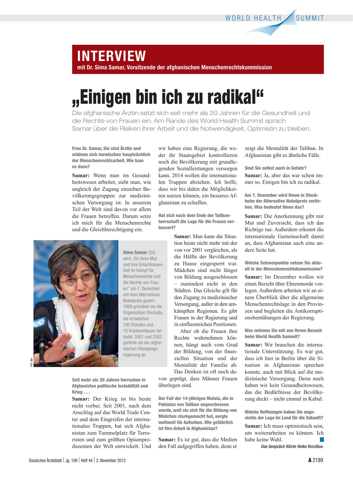 Vorschauseite 1: Interview mit Dr. Sima Samar, Vorsitzende der afghanischen Menschenrechtskommission: „Einigen bin ich zu radikal“