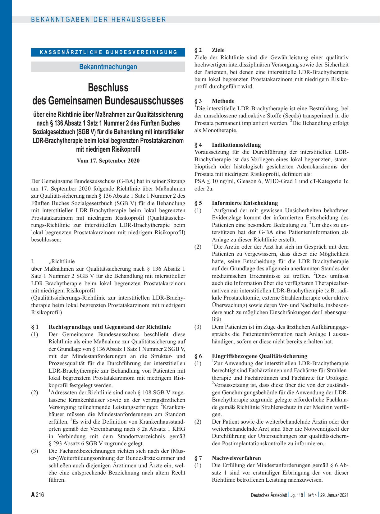 Vorschauseite 1: Beschluss des Gemeinsamen Bundesausschusses über eine Richtlinie über Maßnahmen zur Qualitätssicherung nach § 136 Absatz 1 Satz 1 Nummer 2 des Fünften Buches Sozialgesetzbuch (SGB…
