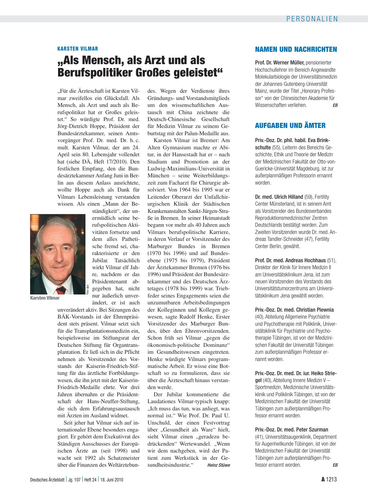Vorschauseite 1: Karsten Vilmar: „Als Mensch, als Arzt und als Berufspolitiker Großes geleistet“