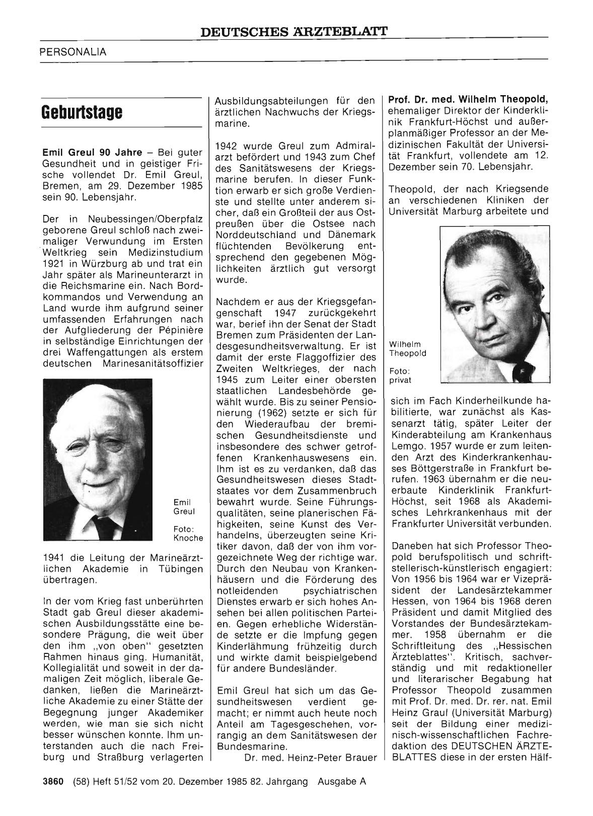 Vorschauseite 1: Geburtstage: Prof. Dr. med. Wilhelm Theopold