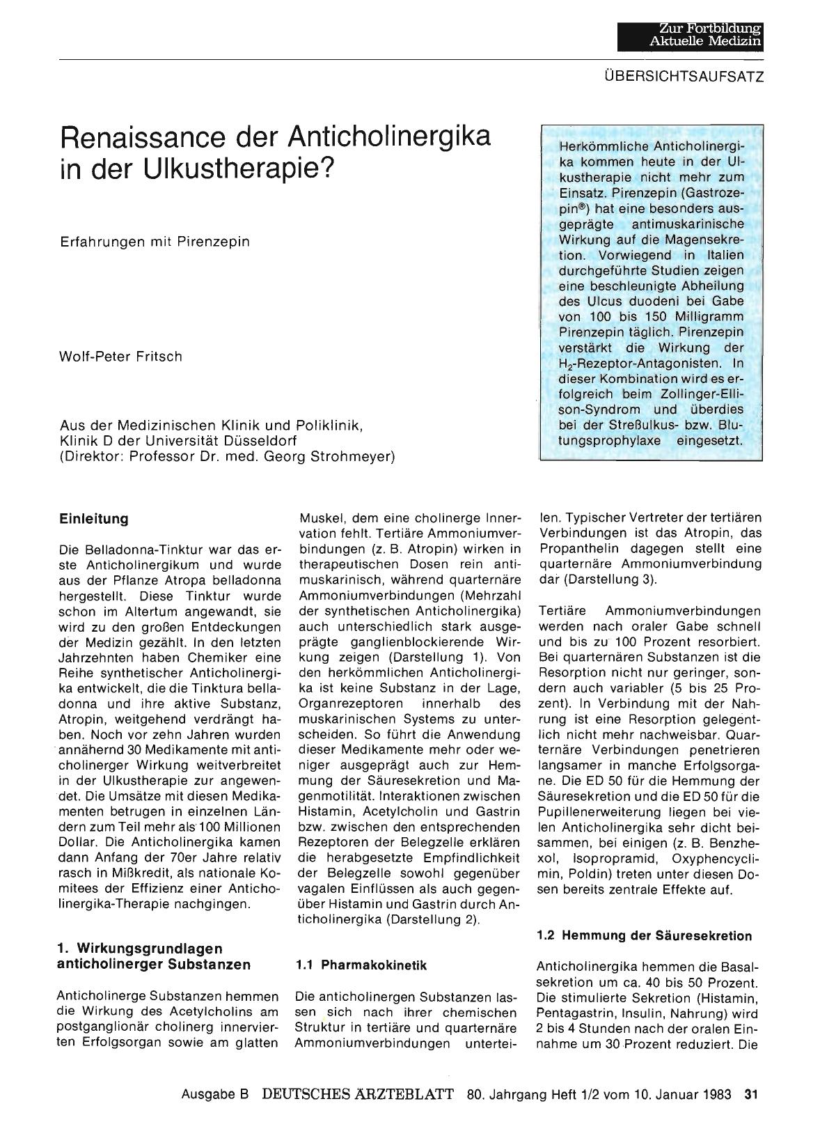 Vorschauseite 1: Renaissance der Anticholinergika in der Ulkustherapie? Erfahrungen mit Pirenzepin
