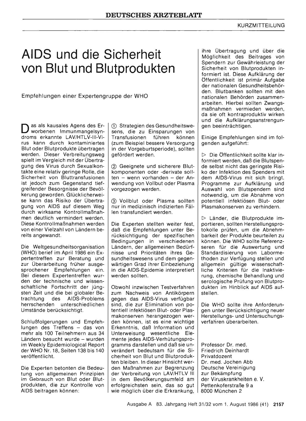 Vorschauseite 1: AIDS und die Sicherheit von Blut und Blutprodukten