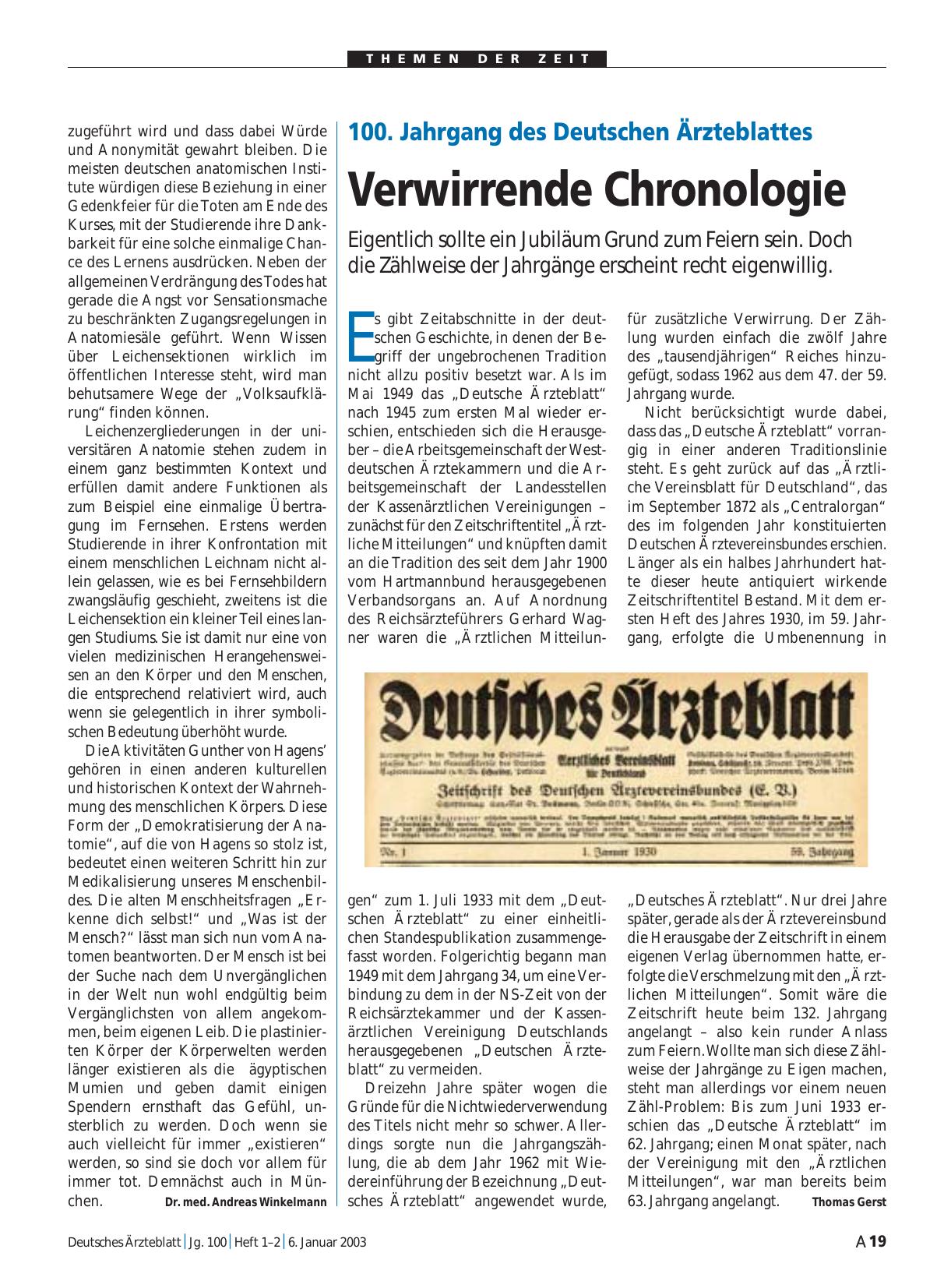 Vorschauseite 1: 100. Jahrgang des Deutschen Ärzteblattes: Verwirrende Chronologie