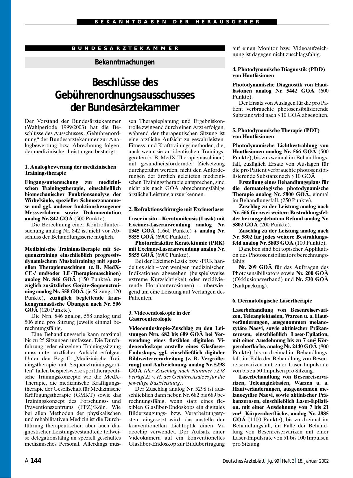 Vorschauseite 1: Bekanntmachungen: Beschlüsse des Gebührenordnungsausschusses der Bundesärztekammer