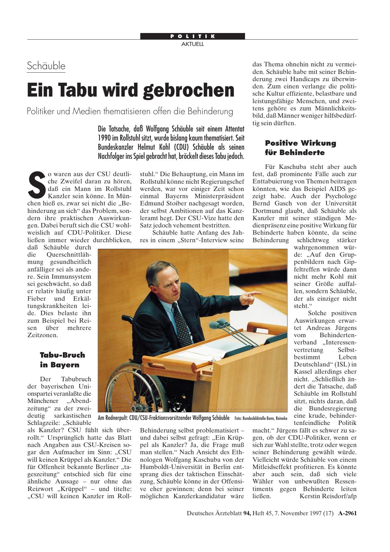 Vorschauseite 1: Schäuble: Ein Tabu wird gebrochen Politiker und Medien thematisieren offen die Behinderung
