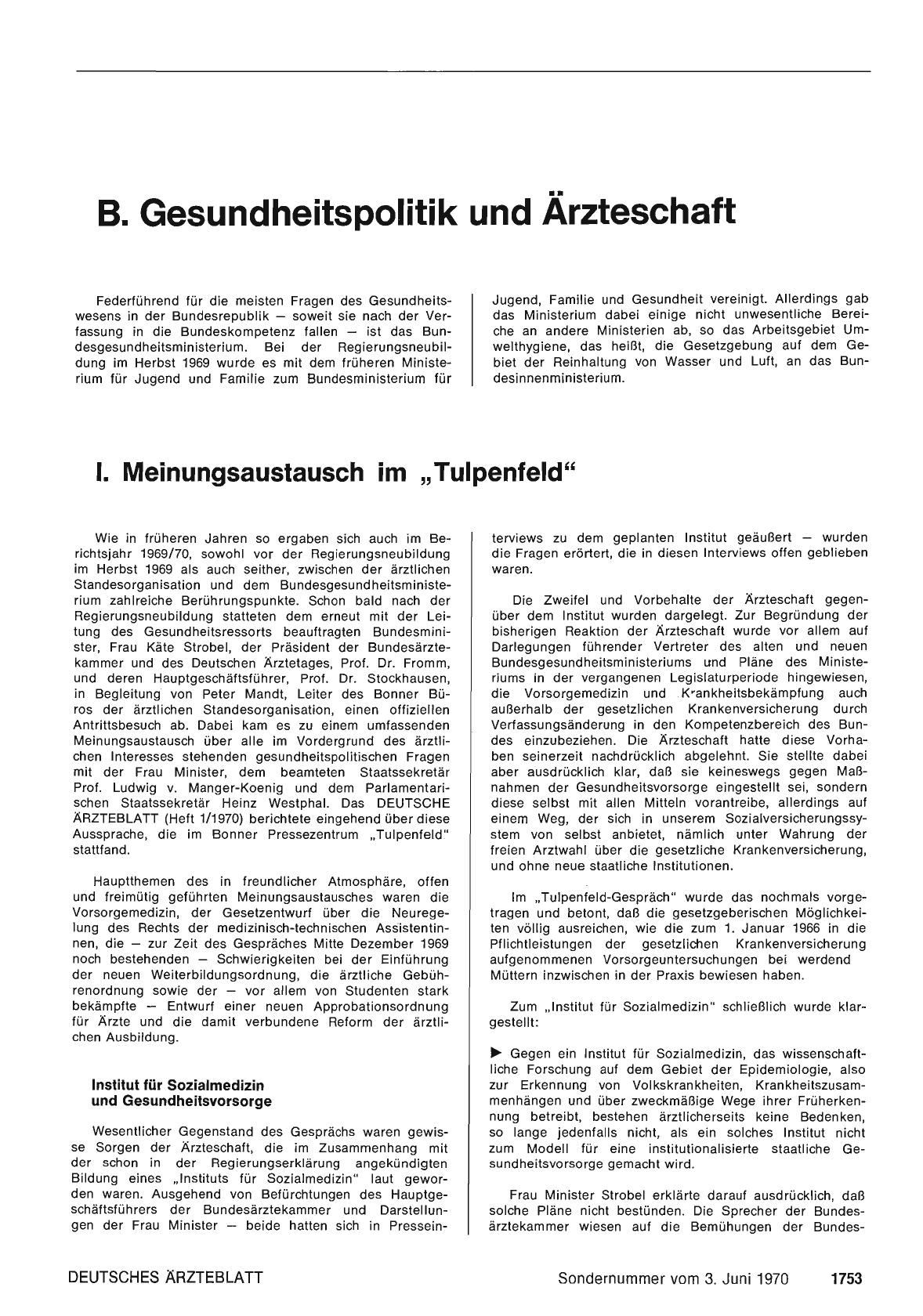 Vorschauseite 1: B. Gesundheitspolitik und Ärzteschaft: I. Meinungsaustausch im "Tulpenfeld"