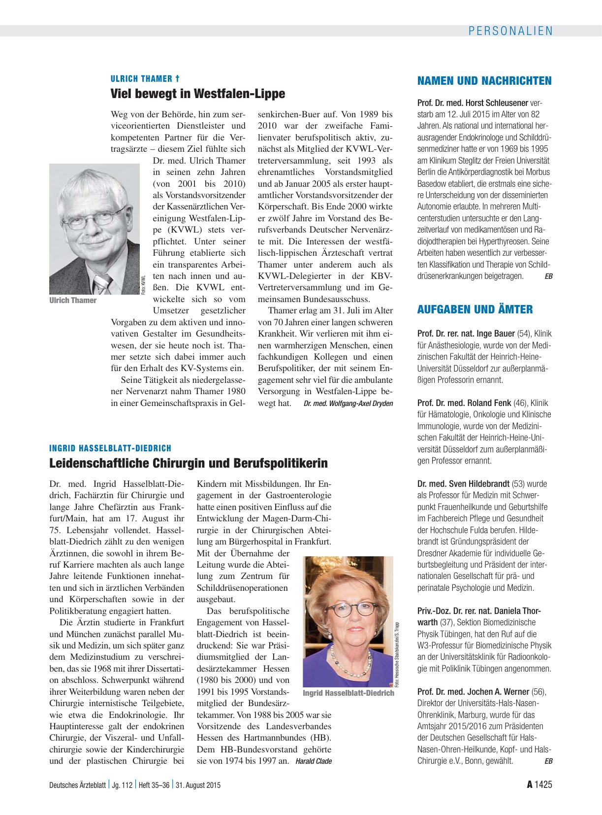 Vorschauseite 1: Ingrid Hasselblatt-Diedrich: Leidenschaftliche Chirurgin und Berufspolitikerin