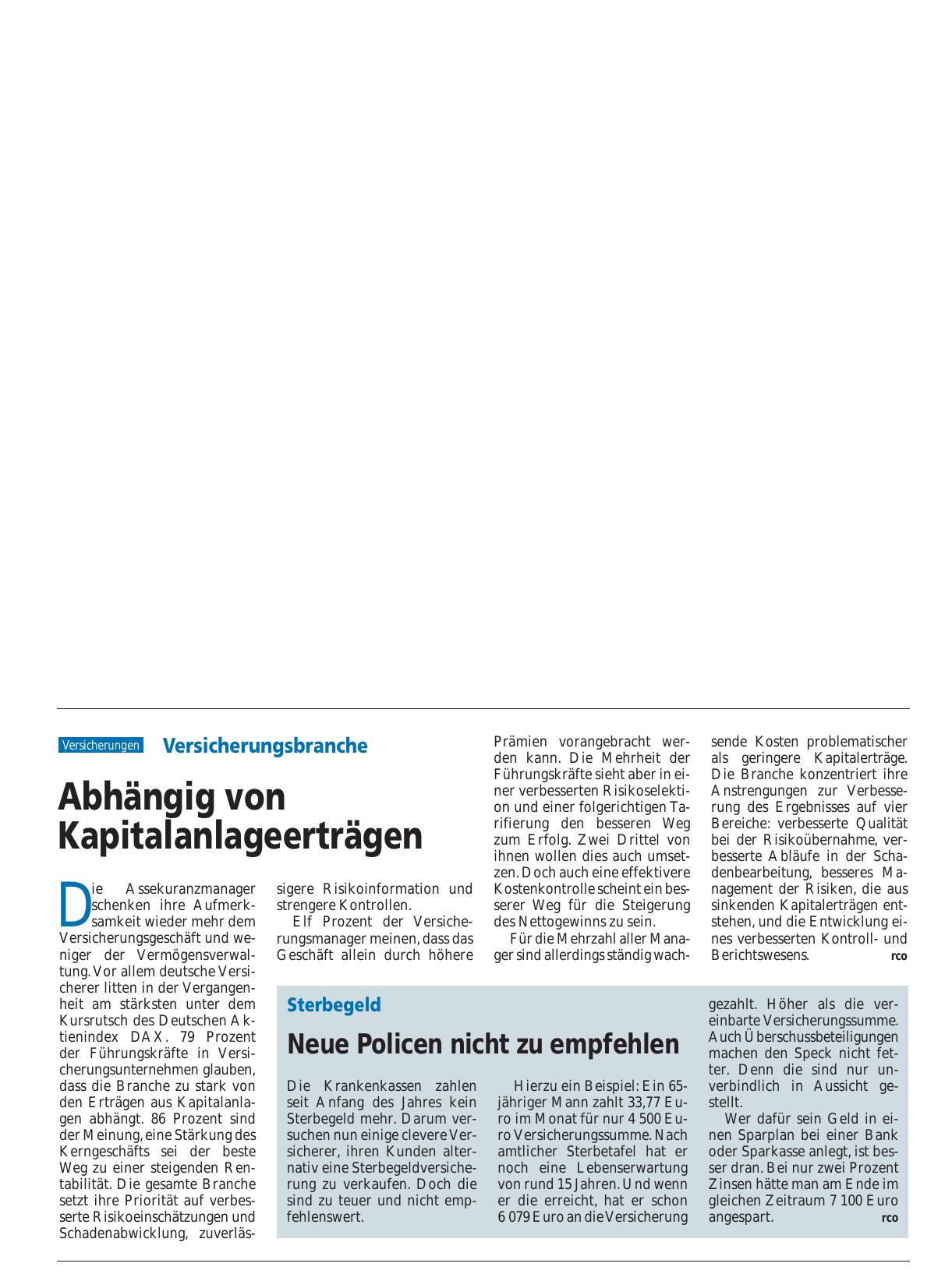 Vorschauseite 1: Versicherungsbranche: Abhängig von Kapitalanlageerträgen
