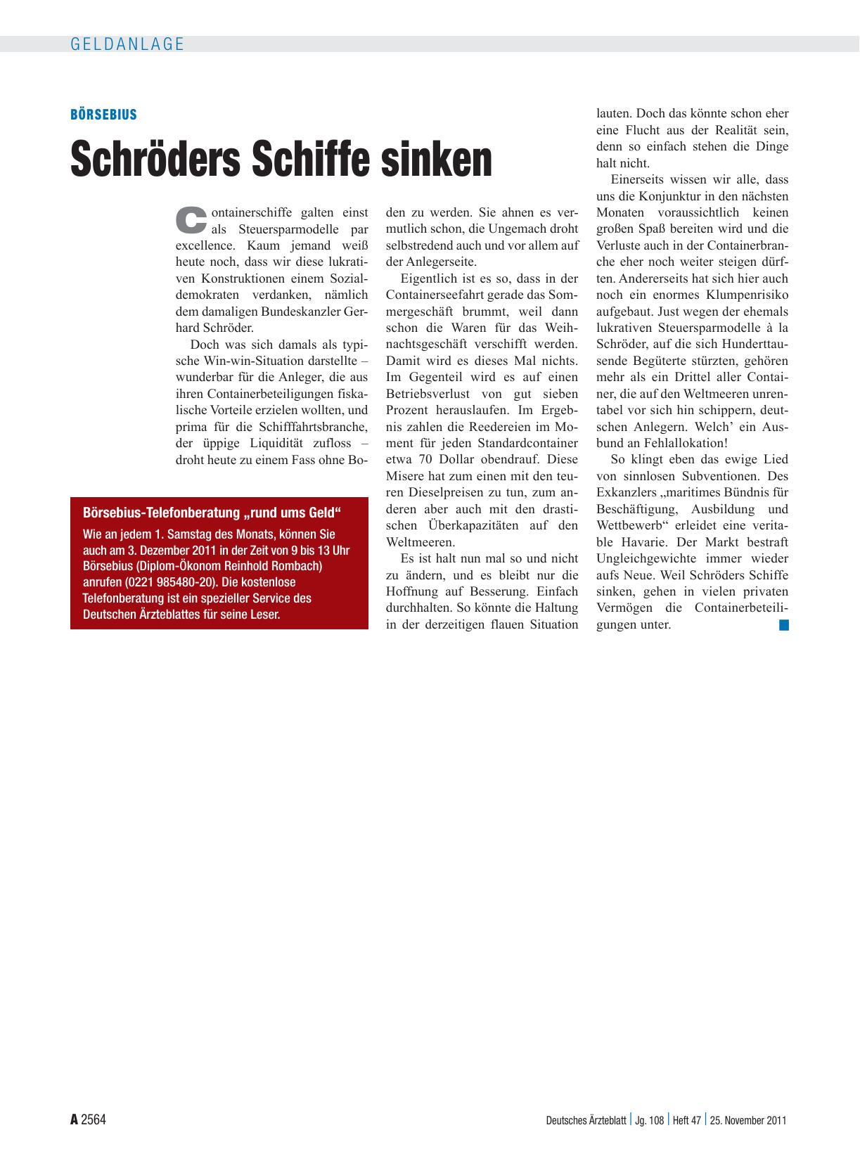 Vorschauseite 1: Börsebius: Schröders Schiffe sinken