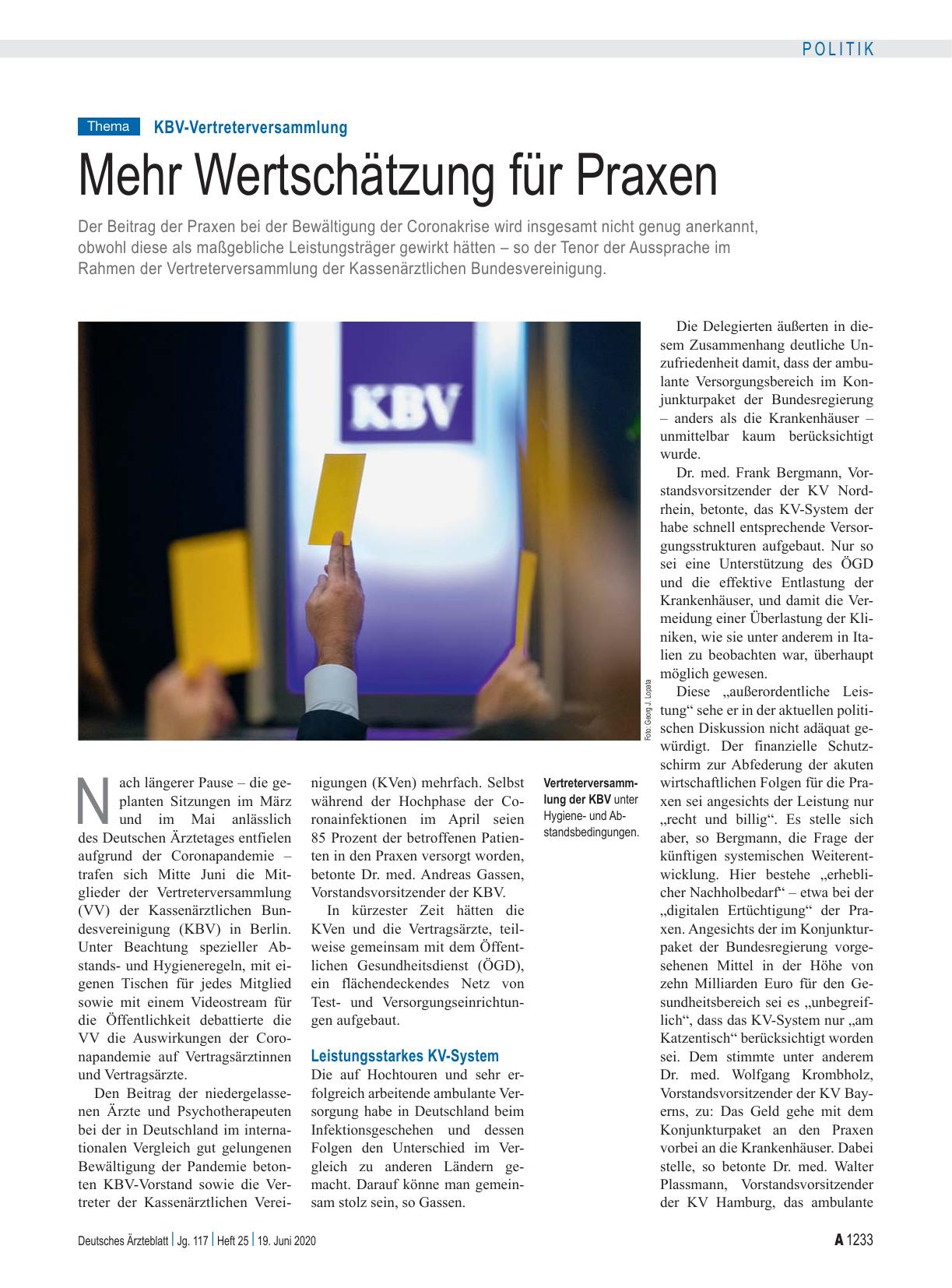 Vorschauseite 1: KBV-Vertreterversammlung: Mehr Wertschätzung für Praxen