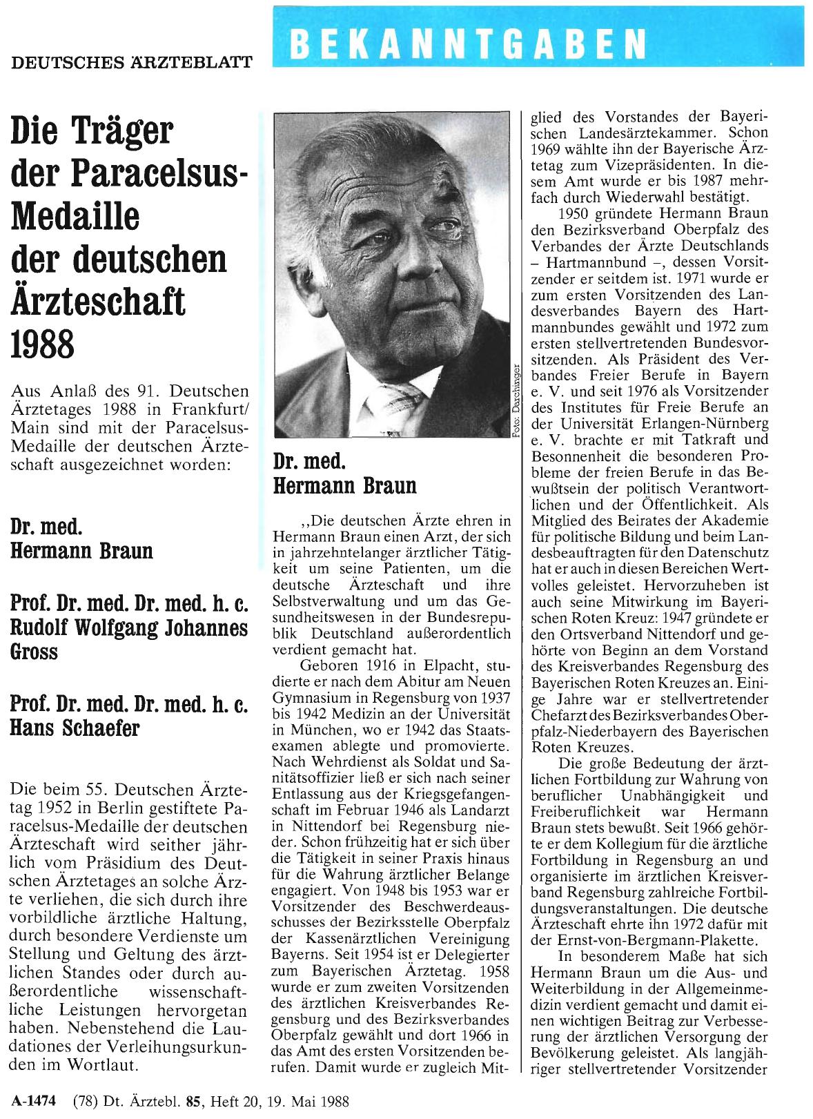 Vorschauseite 1: Die Träger der Paracelsus-Medaille der deutschen Ärzteschaft 1988