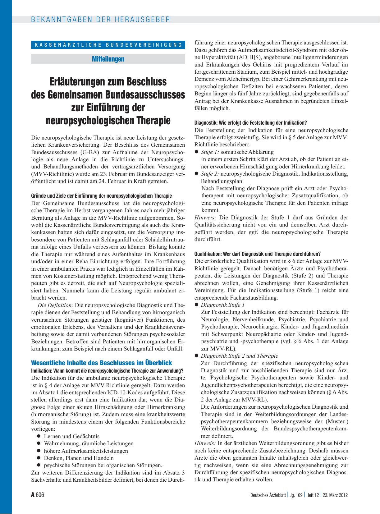 Vorschauseite 1: Erläuterungen zum Beschluss des Gemeinsamen Bundesausschusses zur Einführung der neuropsychologischen Therapie