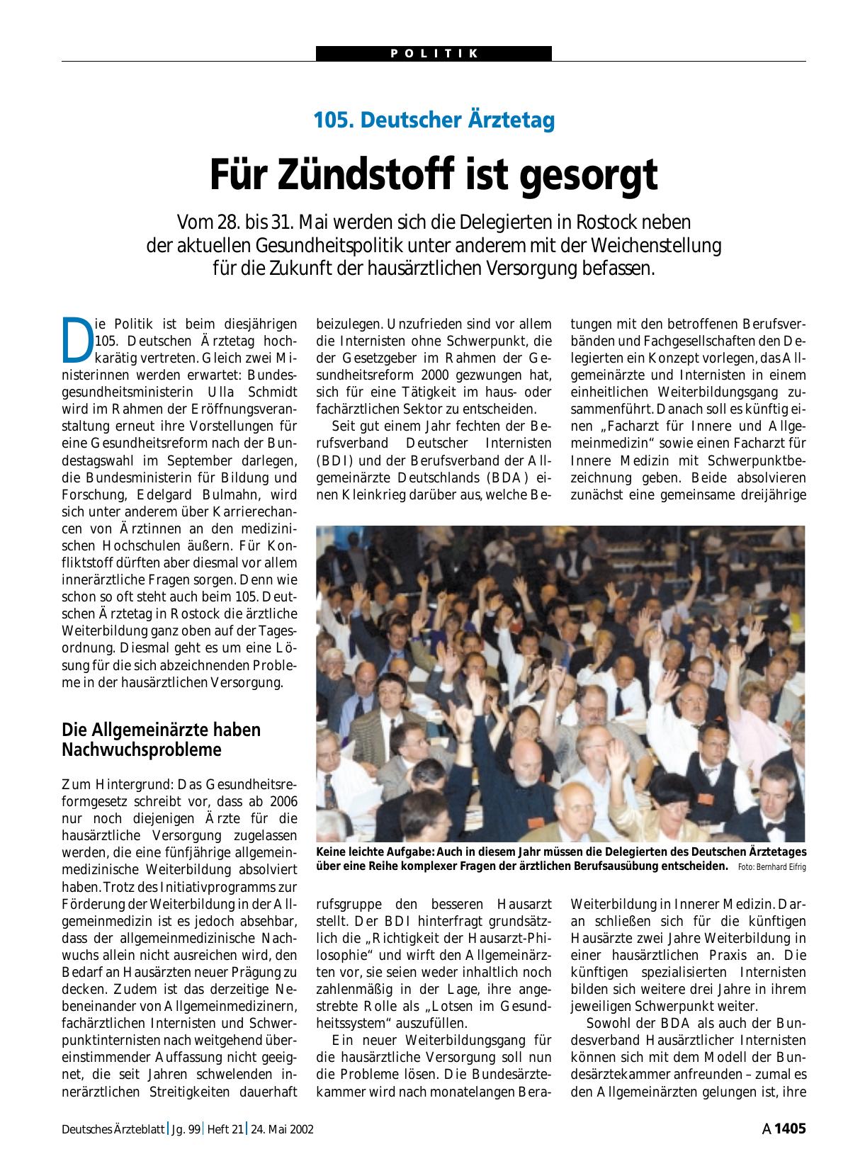 Vorschauseite 1: 105. Deutscher Ärztetag: Für Zündstoff ist gesorgt