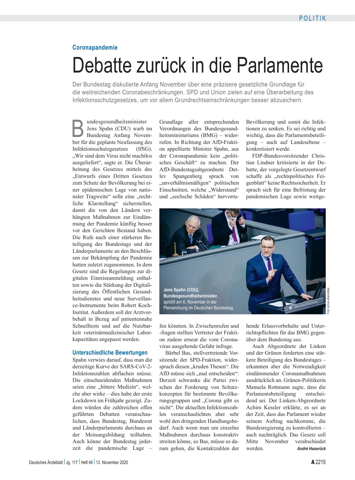 Vorschauseite 1: Coronapandemie: Debatte zurück in die Parlamente