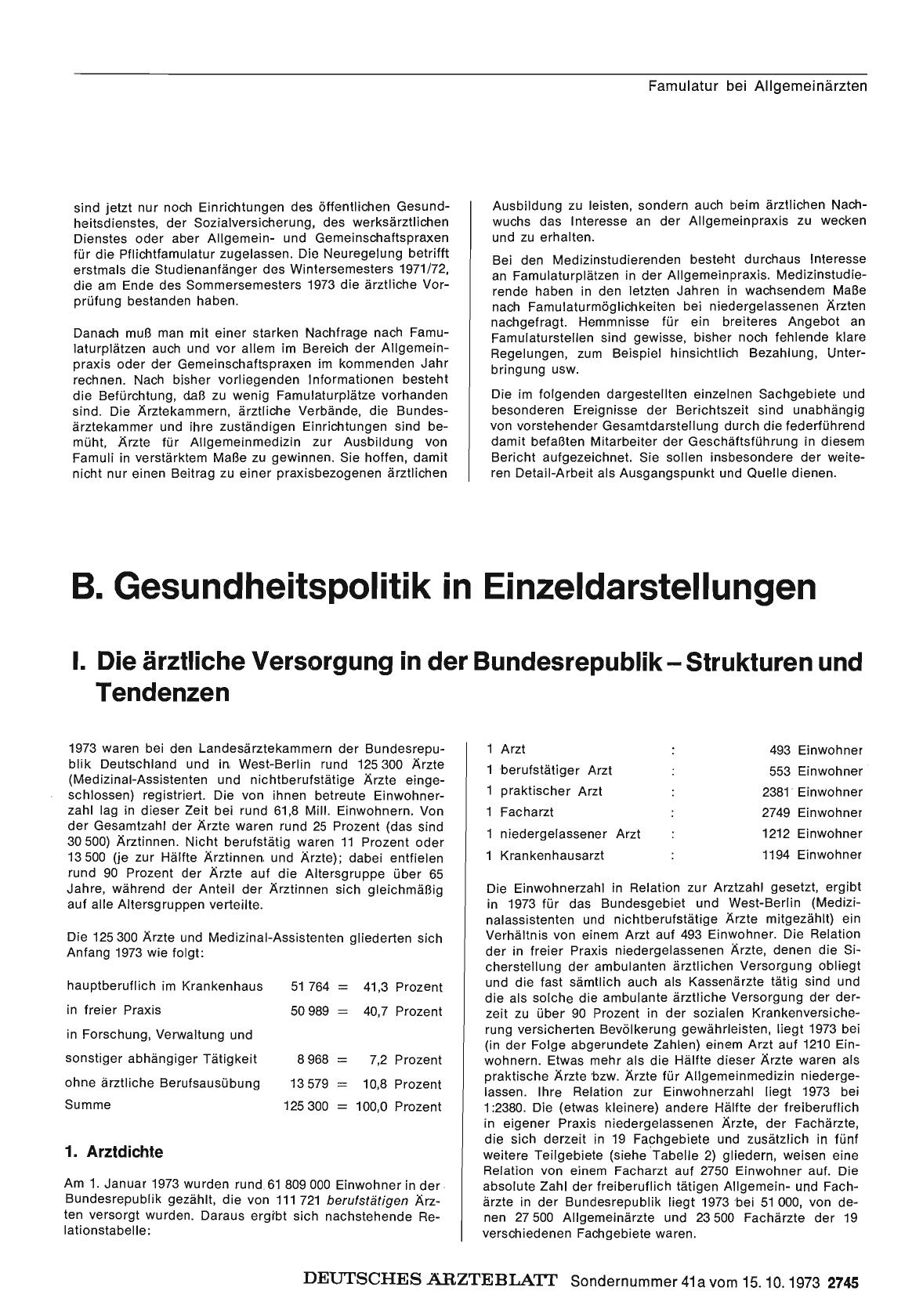 Vorschauseite 1: Bericht über das Jahr 1972/73: B. Gesundheitspolitik in Einzeldarstellungen I. Die ärztliche Versorgung in der Bundesrepublik Strukturen und Tendenzen