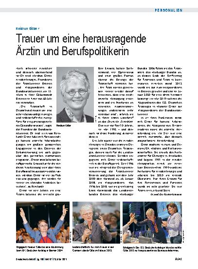 Vorschauseite 1: Heidrun Gitter †: Trauer um eine herausragende Ärztin und Berufspolitikerin