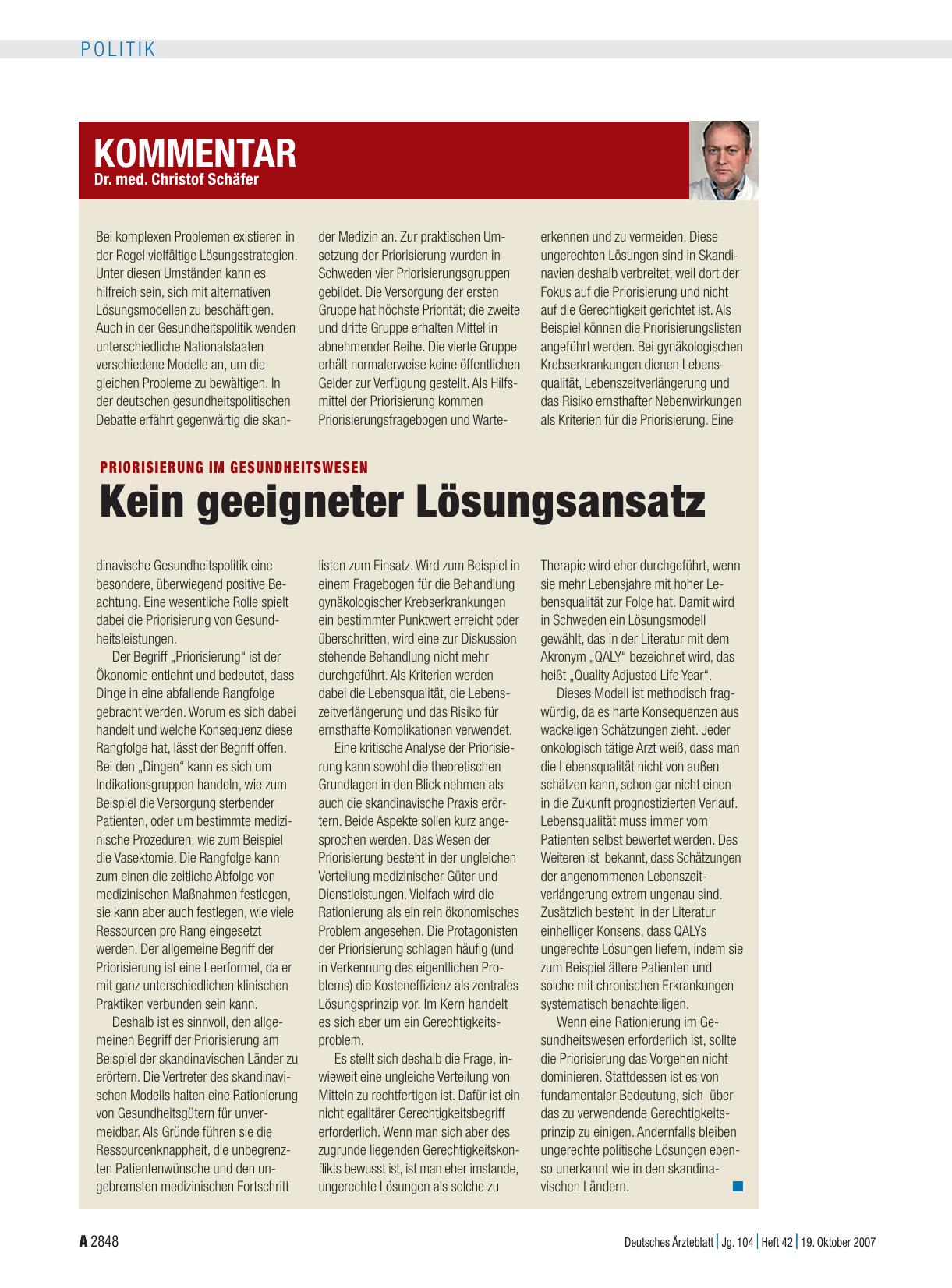 Vorschauseite 1: Priorisierung im Gesundheitswesen: Kein geeigneter Lösungsansatz