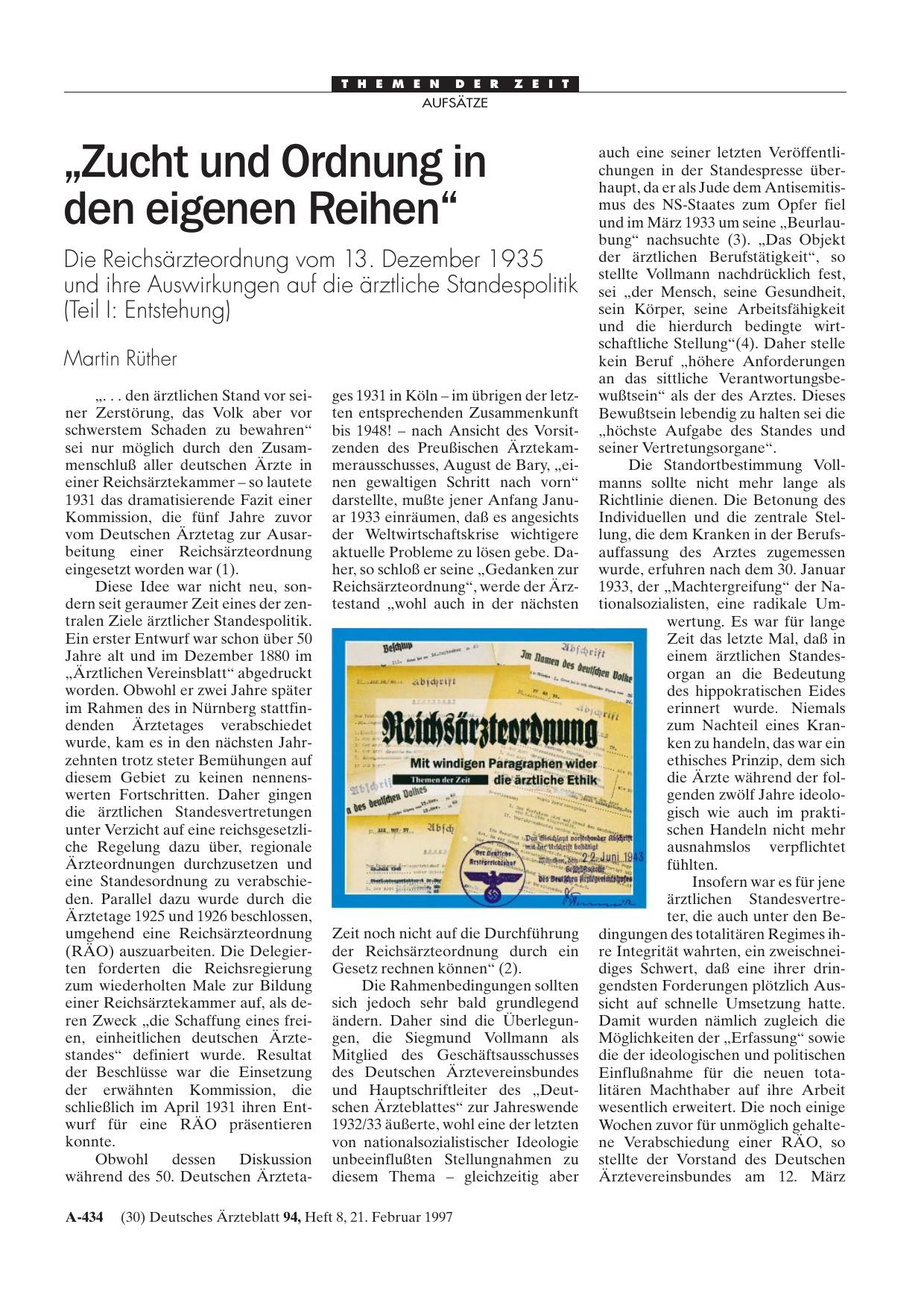 Vorschauseite 1: „Zucht und Ordnung in den eigenen Reihen„ – Die Reichsärzteordnung vom 13. Dezember 1935 und ihre Auswirkungen auf die ärztliche Standespolitik (Teil I: Entstehung)