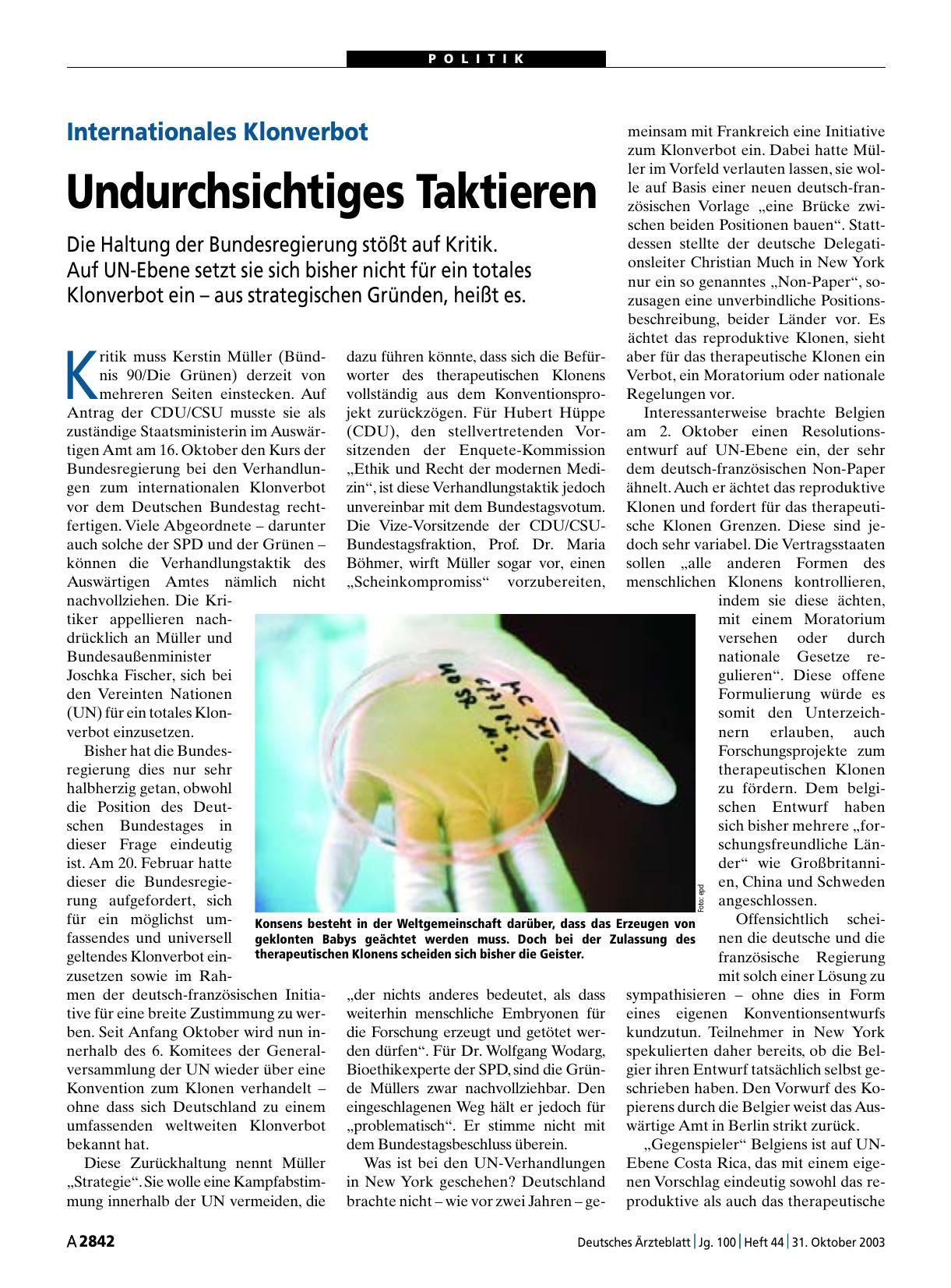 Vorschauseite 1: Internationales Klonverbot: Undurchsichtiges Taktieren