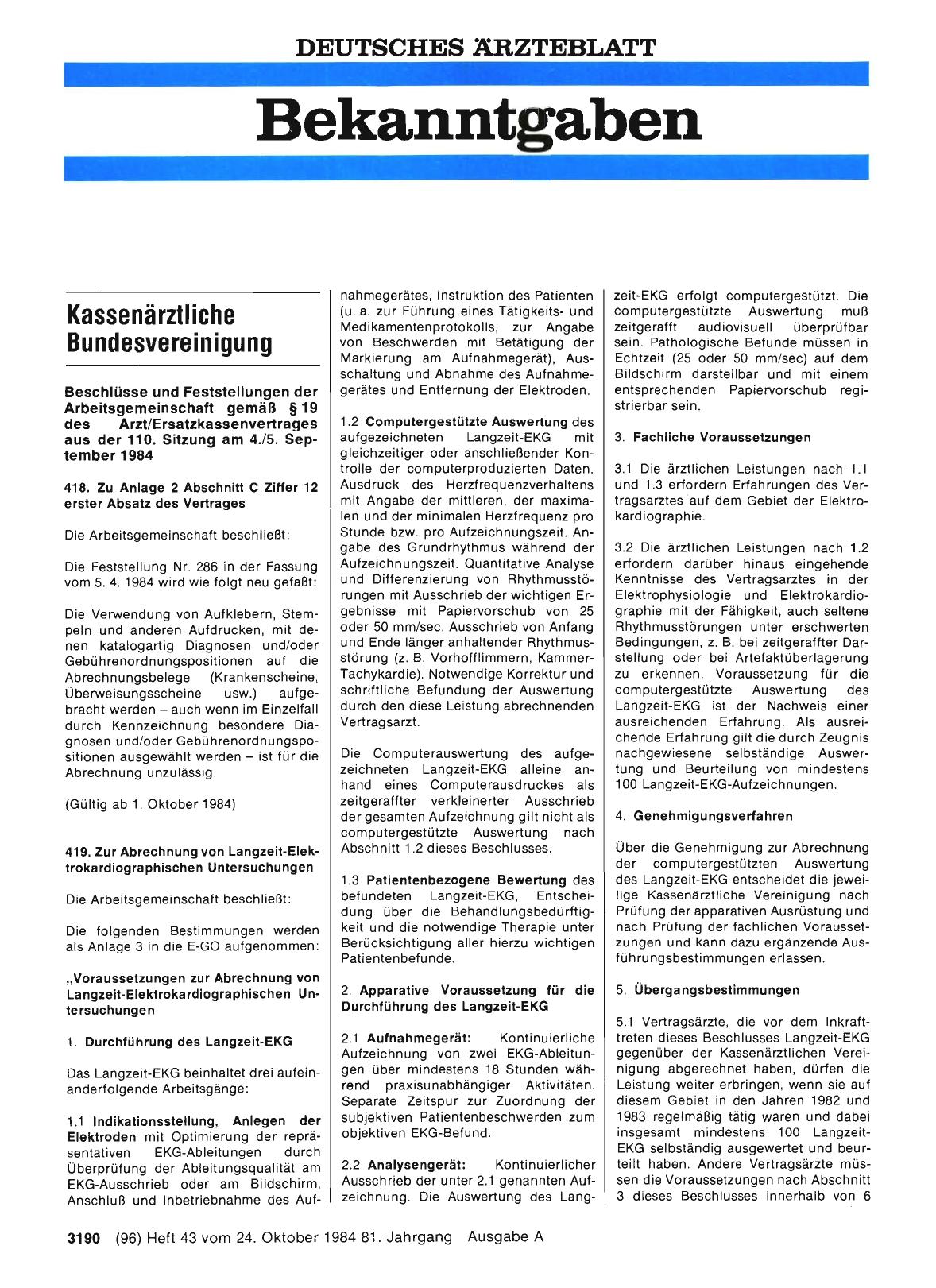 Vorschauseite 1: Beschlüsse und Feststellungen der Arbeitsgemeinschaft gemäß § 19 des Arzt/Ersatzkassenvertrages aus der 110. Sitzung am 4. /5. September 1984
