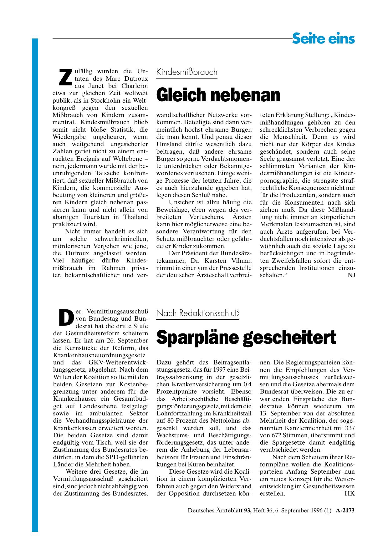 Vorschauseite 1: Nach Redaktionsschluß: Sparpläne gescheitert