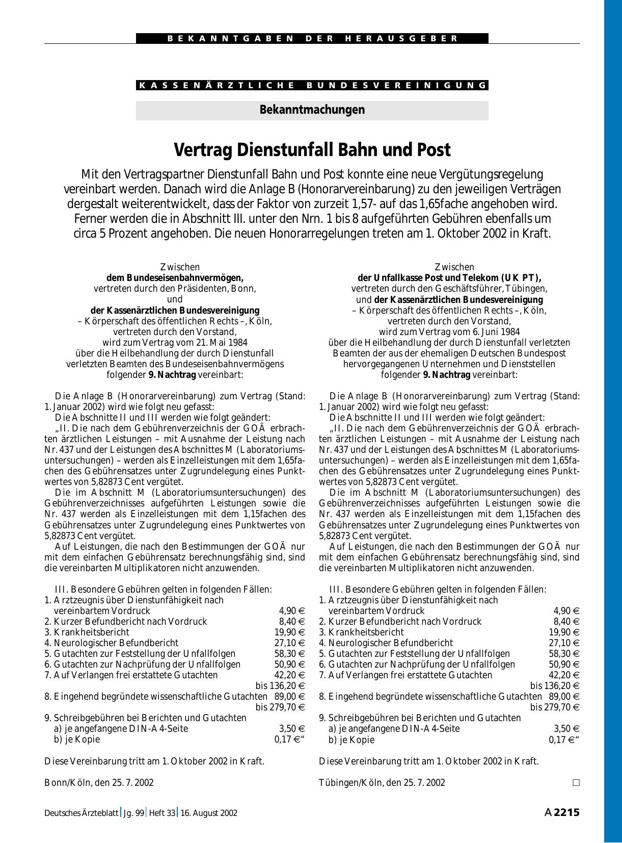 Vorschauseite 1: Bekanntmachungen: Vertrag Dienstunfall Bahn und Post