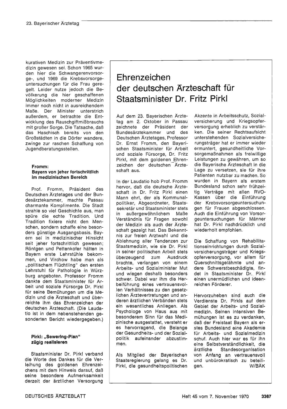 Vorschauseite 1: Ehrenzeichen der deutschen Ärzteschaft für Staatsminister Dr. Fritz Pirkl