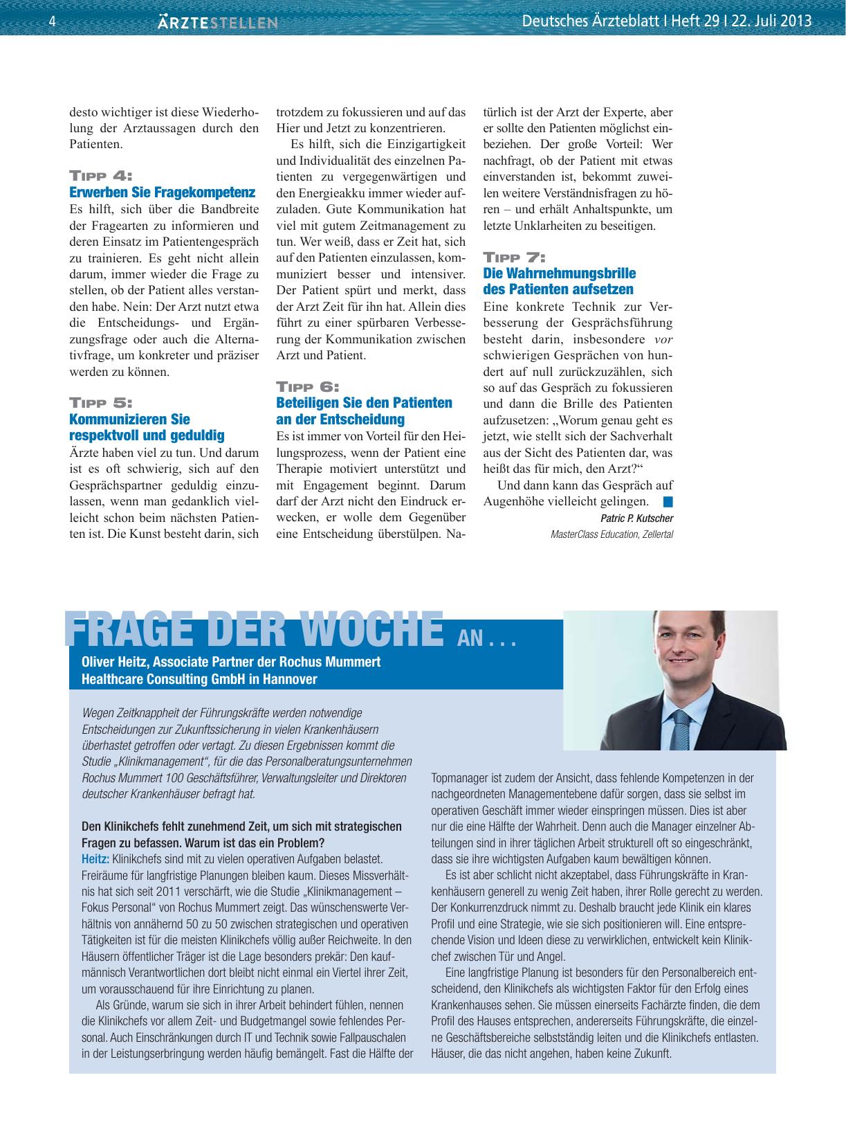 Vorschauseite 1: Frage der Woche an. .. Oliver Heitz, Associate Partner der Rochus Mummert Healthcare Consulting GmbH in Hannover