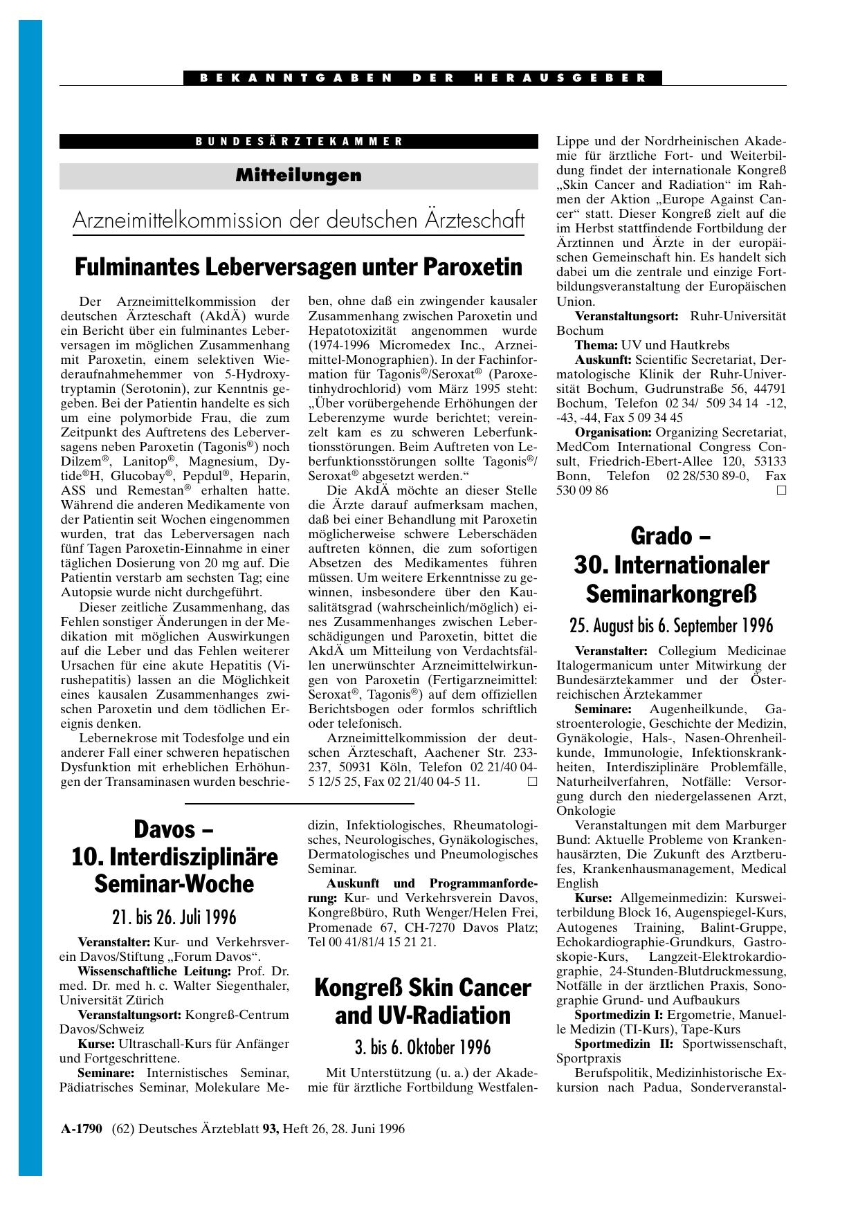 Vorschauseite 1: Kongreß Skin Cancer and UV-Radiation: 3. bis 6. Oktober 1996