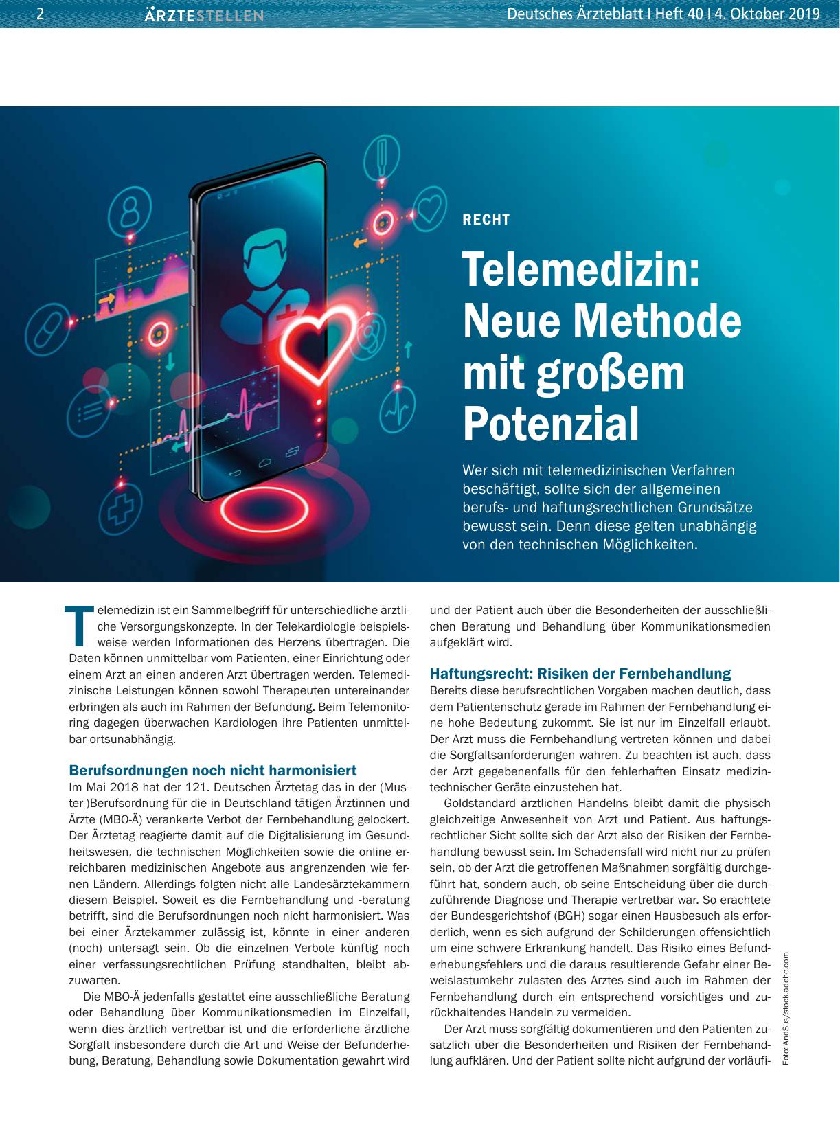 Vorschauseite 1: Recht: Telemedizin: Neue Methode mit großem Potenzial