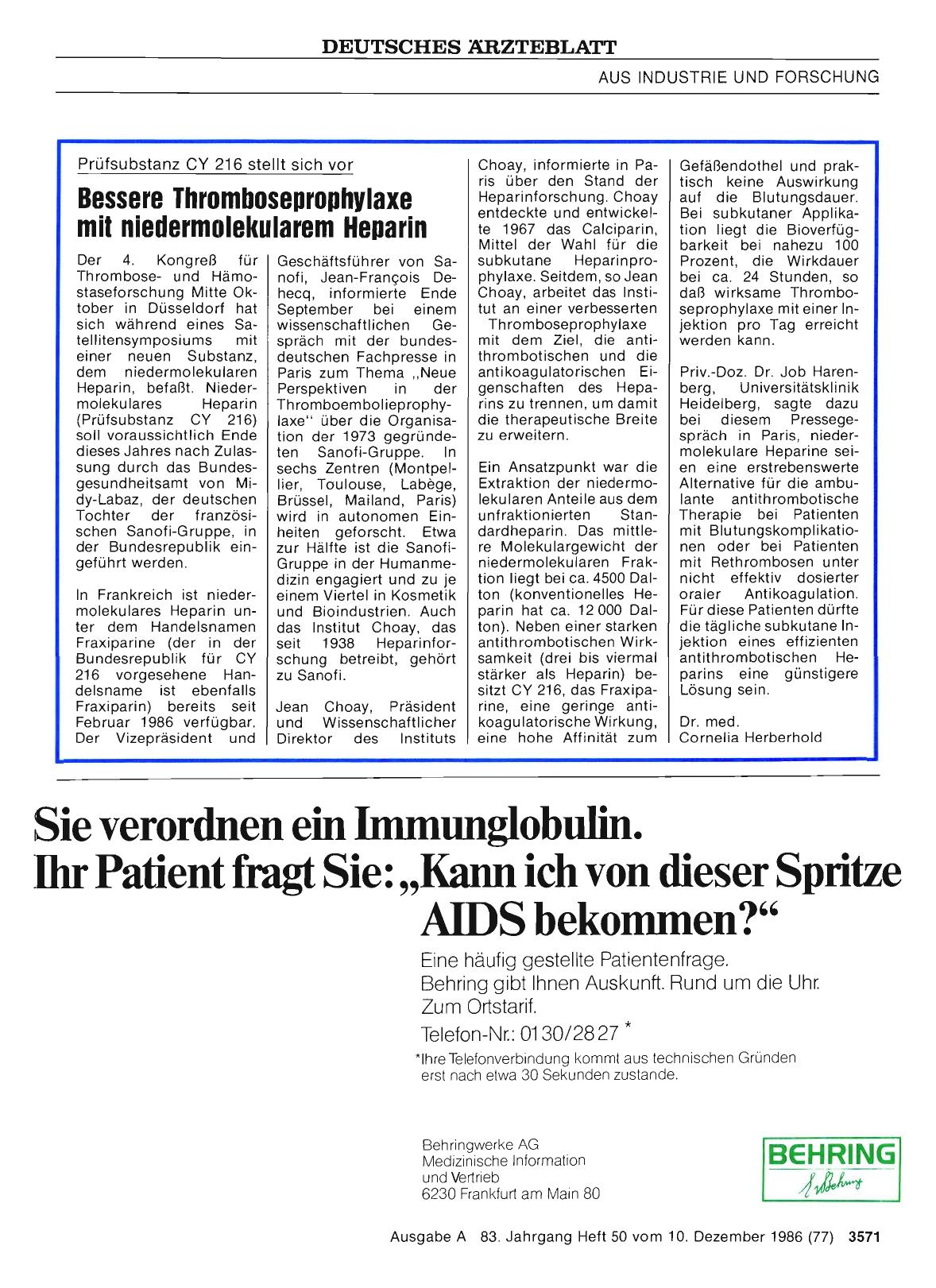 Vorschauseite 1: Prüfsubstanz CY 216 stellt sich vor: Bessere Thromboseprophylaxe mit niedermolekularem Heparin