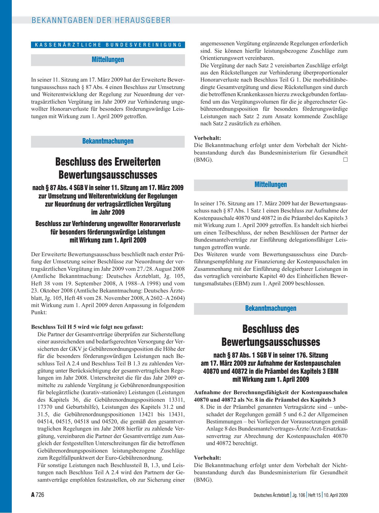Vorschauseite 1: Beschluss des Erweiterten Bewertungsausschusses nach § 87 Abs. 4 SGB V in seiner 11. Sitzung am 17. März 2009 zur Umsetzung und Weiterentwicklung der Regelungen zur Neuordnung der…
