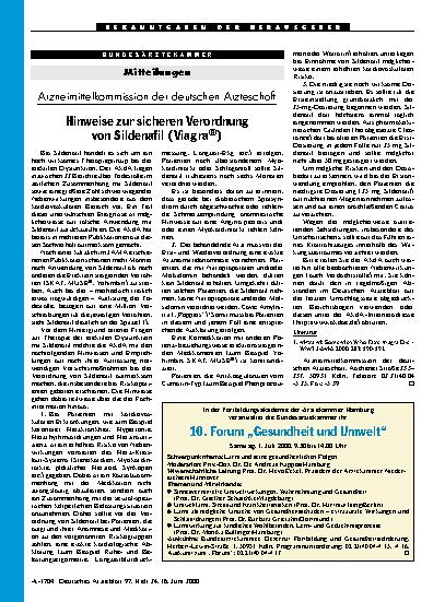 Vorschauseite 1: Arzneimittelkommission der deutschen Ärzteschaft: Hinweise zur sicheren Verordnung von Sildenafil (Viagra®)