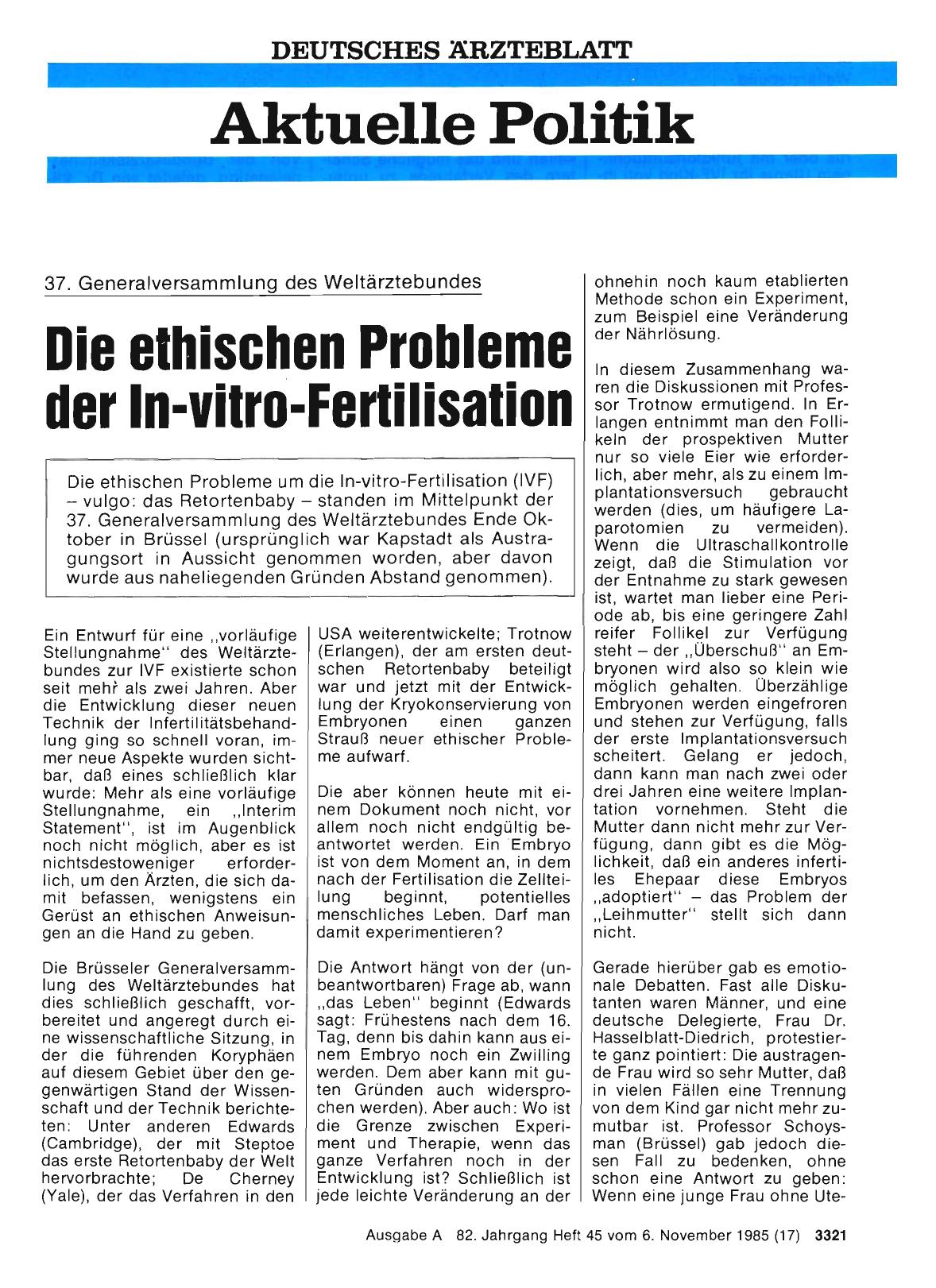 Vorschauseite 1: 37. Generalversammlung des Weltärztebundes: Die ethischen Probleme der In-vitro-Fertilisation