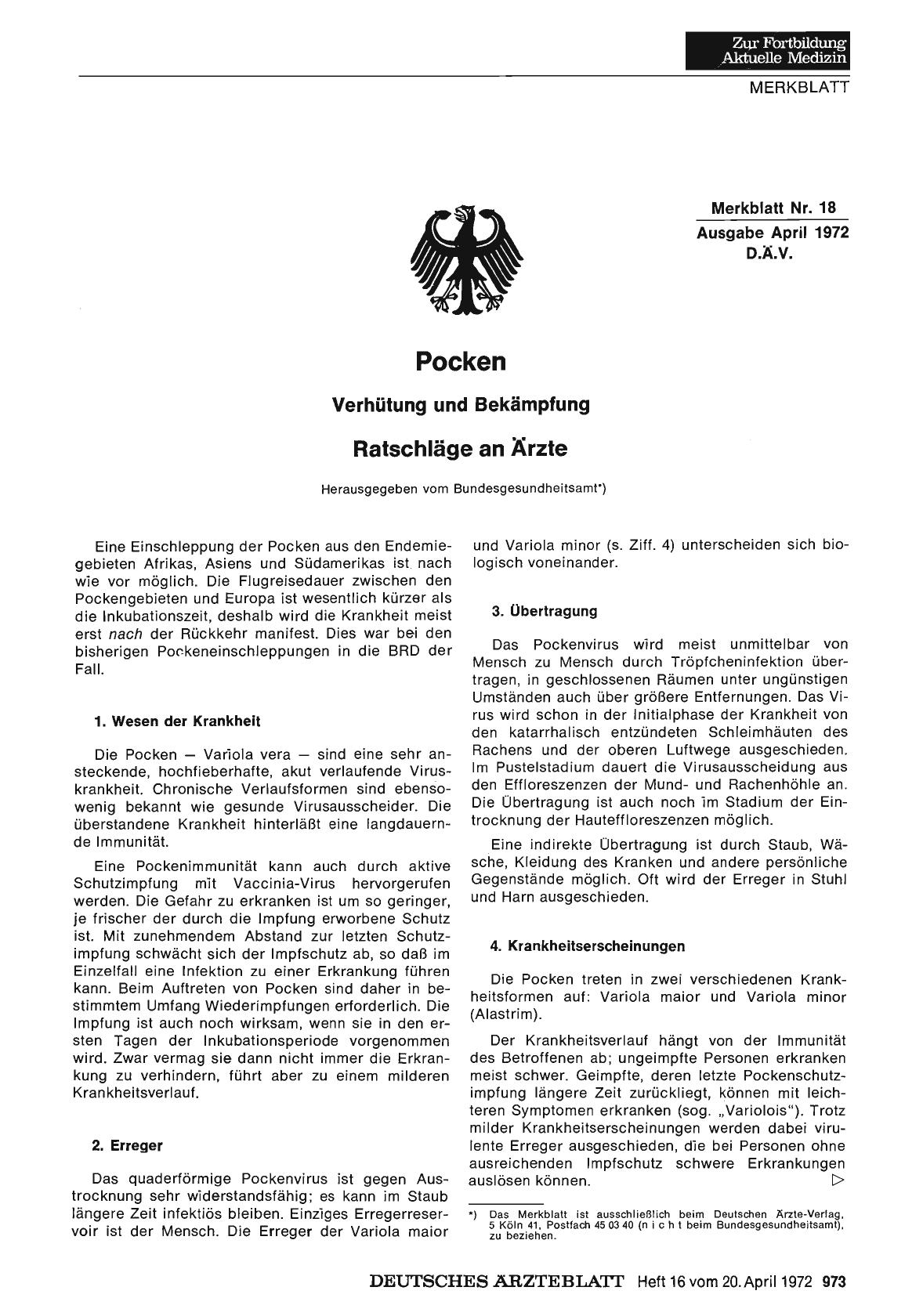 Vorschauseite 1: Pocken: Verhütung und Bekämpfung, Ratschläge an Ärzte, Herausgegeben vom Bundesgesundheitsamt