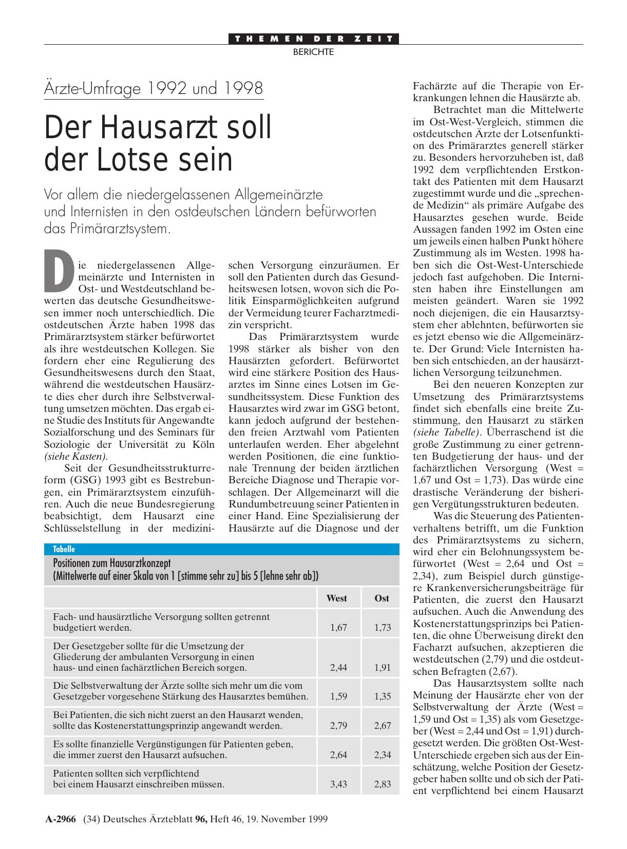 Vorschauseite 1: Ärzte-Umfrage-Umfrage 1992 und 1998: Der Hausarzt soll der Lotse sein