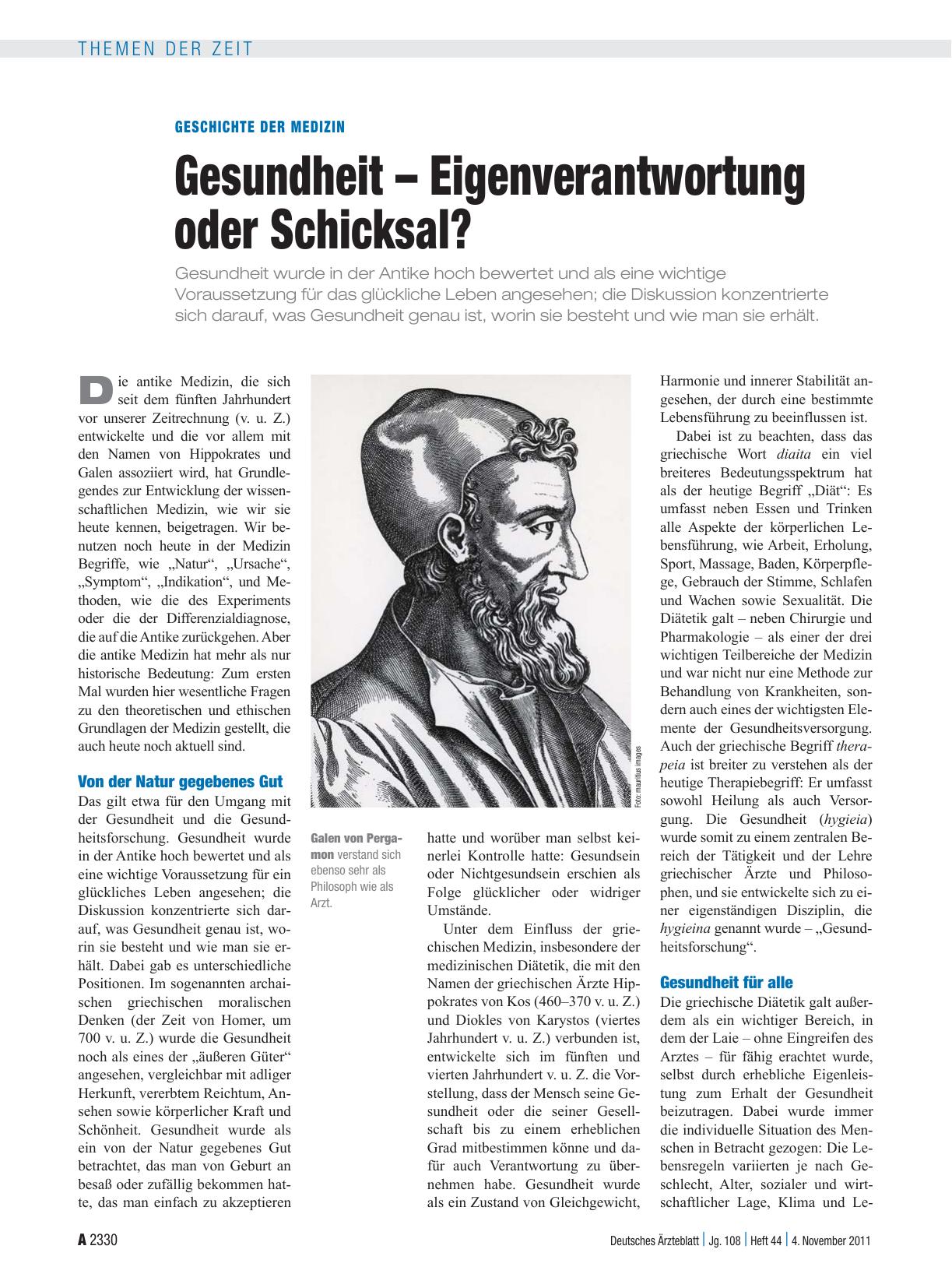 Vorschauseite 1: Geschichte der Medizin: Gesundheit – Eigenverantwortung oder Schicksal?