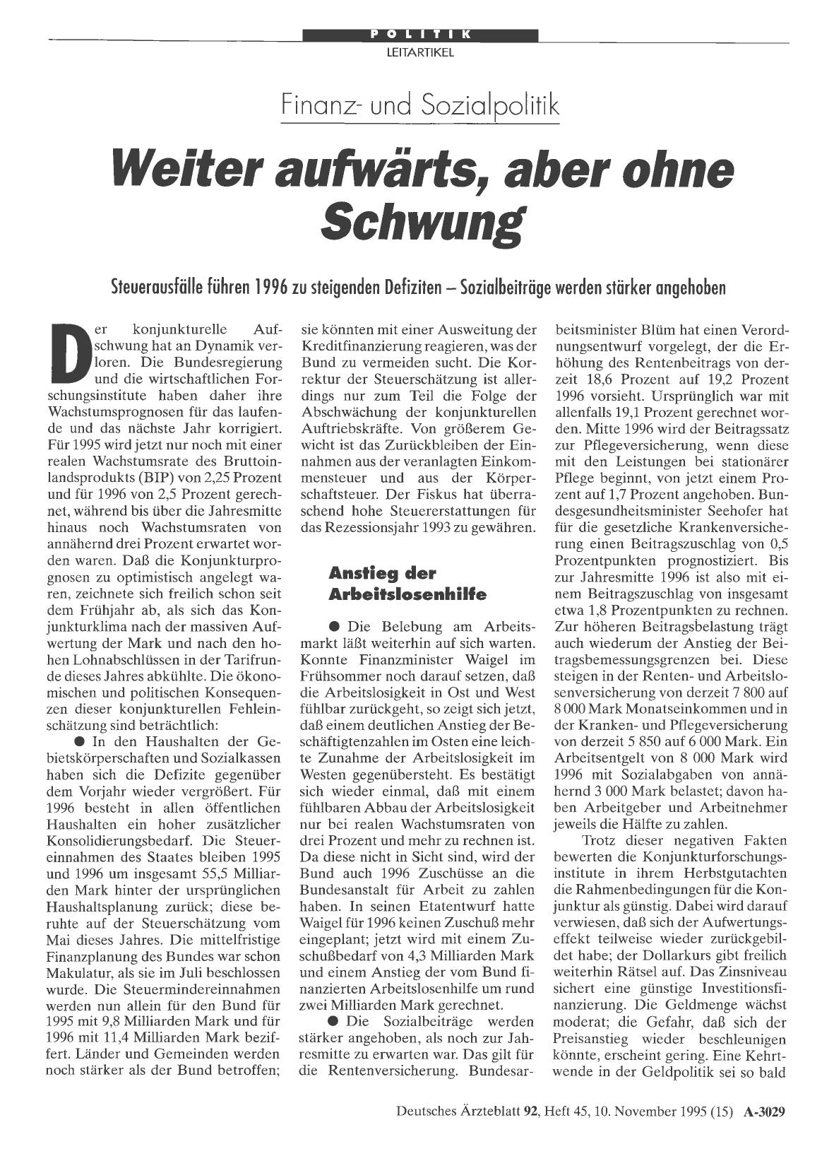 Vorschauseite 1: Finanzund Sozialpolitik: Weiter aufwärts, aber ohne Schwung