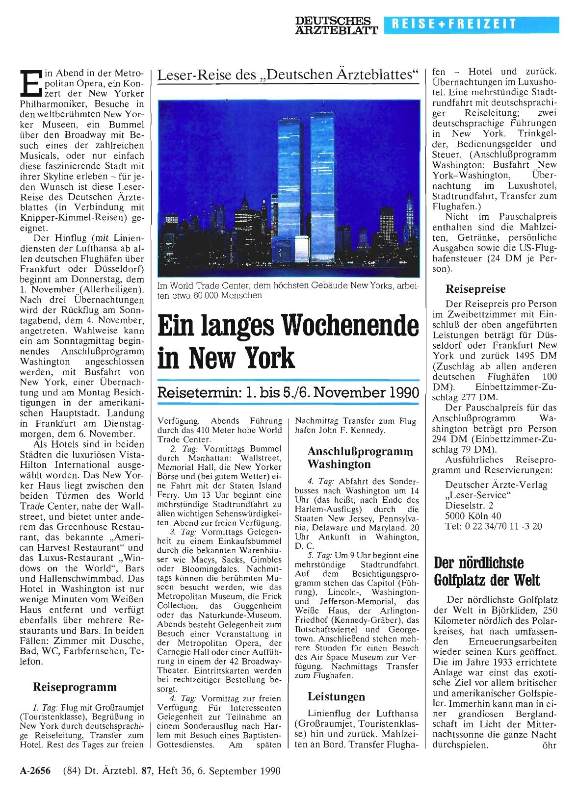 Vorschauseite 1: Leser-Reise des „Deutschen Ärzteblattes“: Ein langes Wochenende in New York