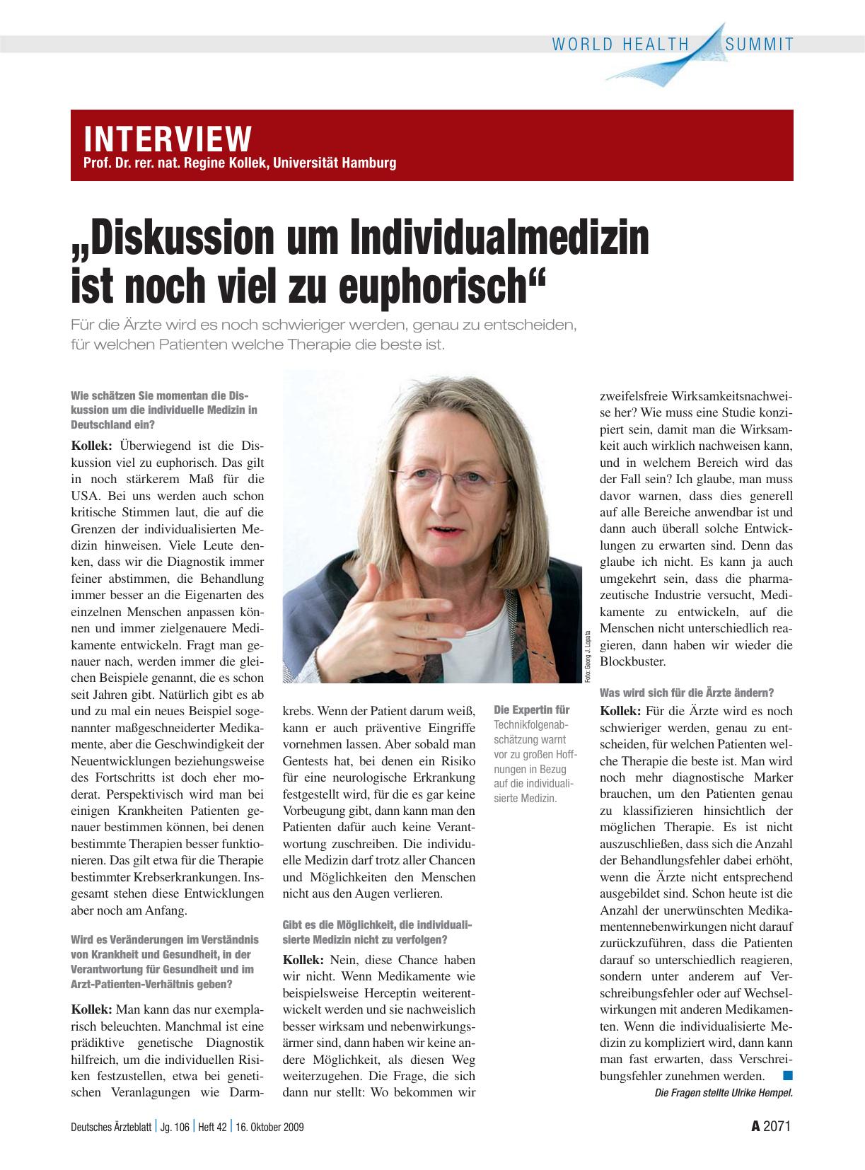 Vorschauseite 1: Interview Prof. Dr. rer. nat. Regine Kollek, Universität Hamburg: „Diskussion um Individualmedizin ist noch viel zu euphorisch“