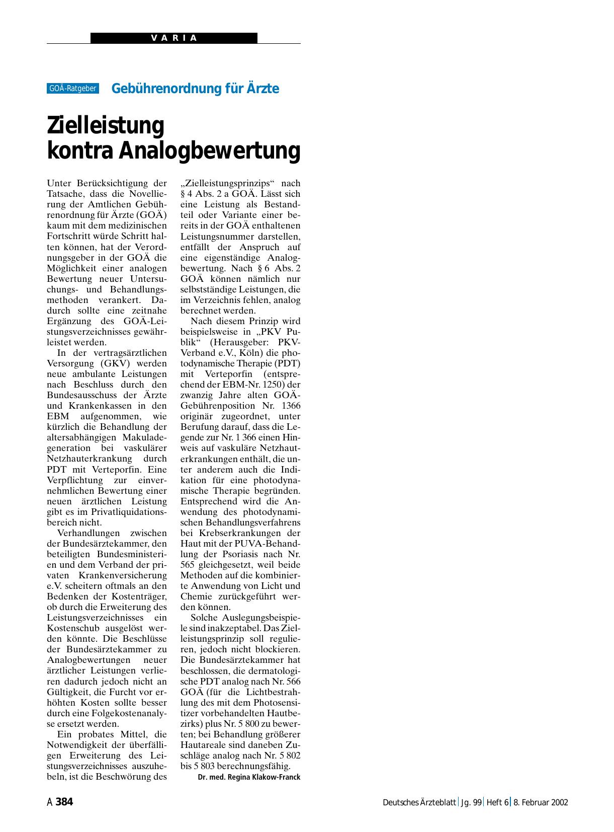 Vorschauseite 1: Gebührenordnung für Ärzte: Zielleistung kontra Analogbewertung
